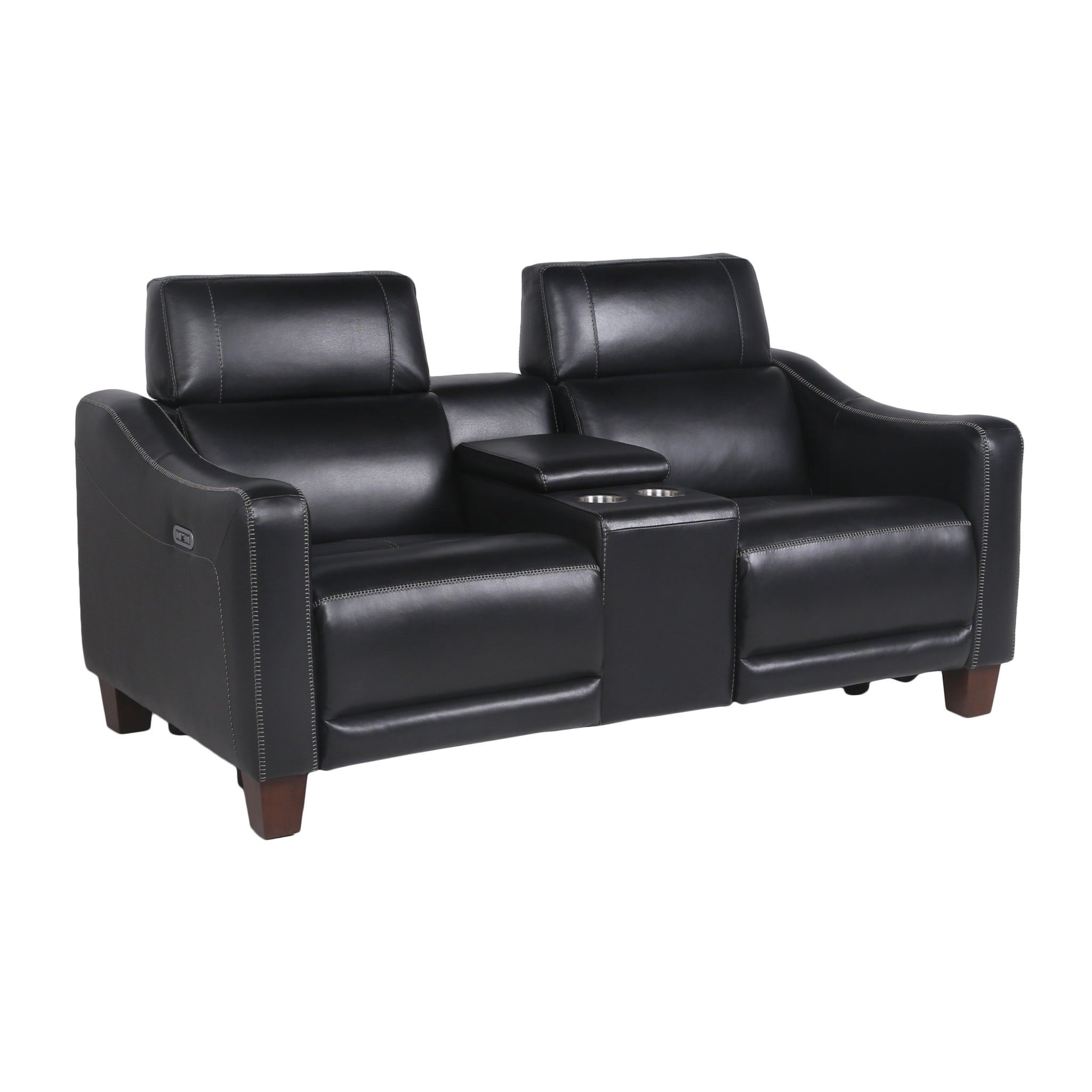 Transitional Dual Power Leather Loveseat Reclining Seats, Top Grain Leather, High Leg Design Compact And Comfortable Black Foam Leather