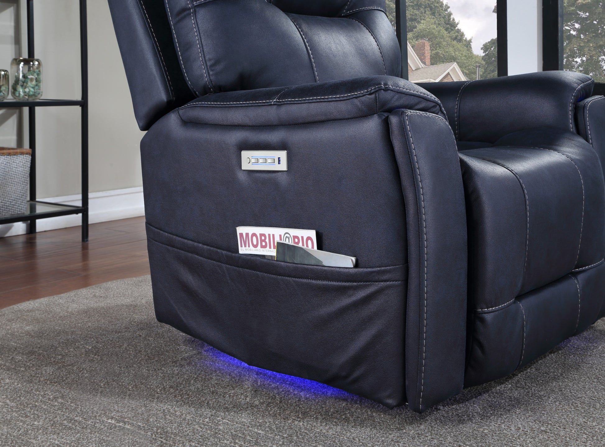 Triple Power Recliner With Lighted Cupholders Ocean Bluetransitional Design Dark Blue Foam Fabric