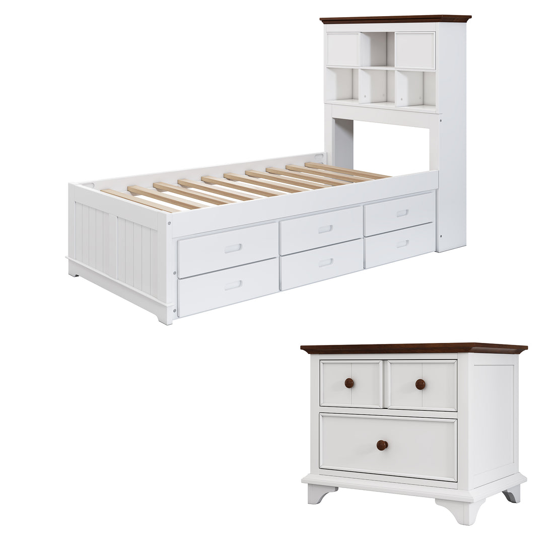 2 Pieces Wooden Captain Bedroom Set Twin Bed With Trundle And Nightstand,White Walnut White Walnut Wood