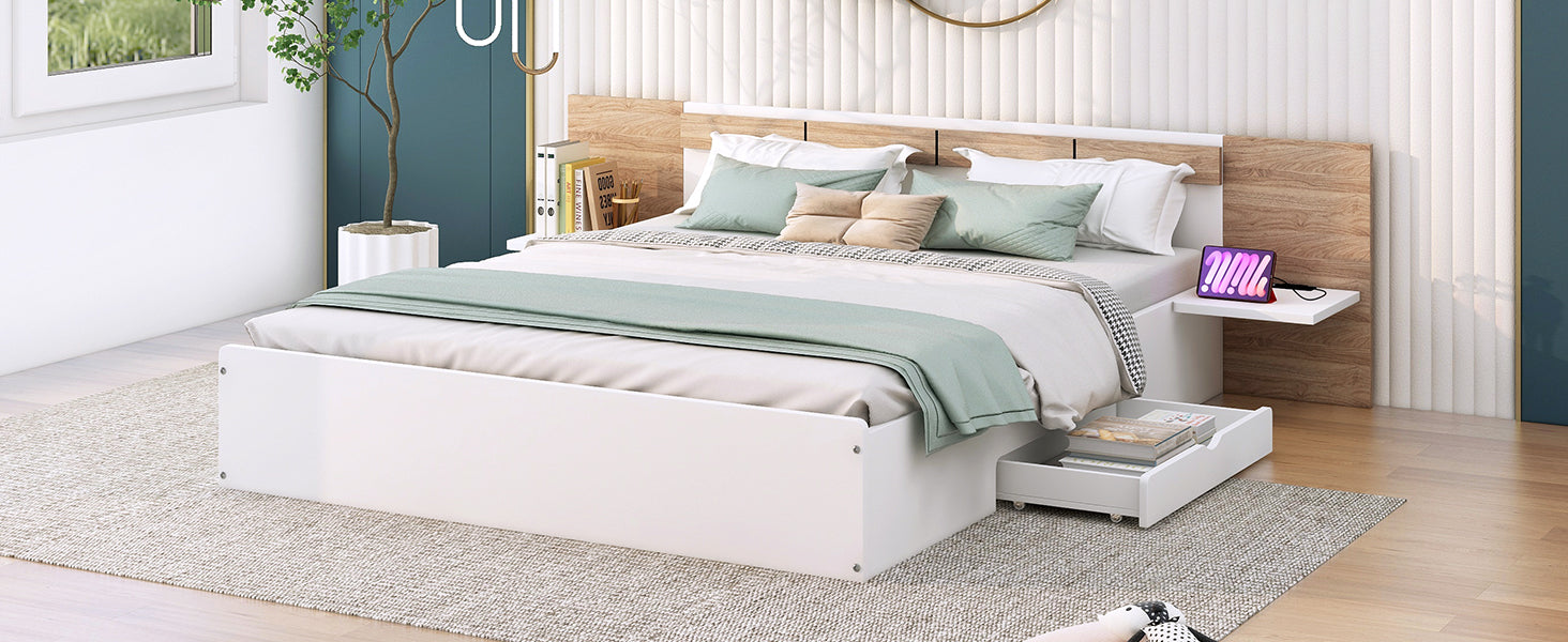 Queen Size Platform Bed With Headboard, Drawers, Shelves, Usb Ports And Sockets, White White Wood