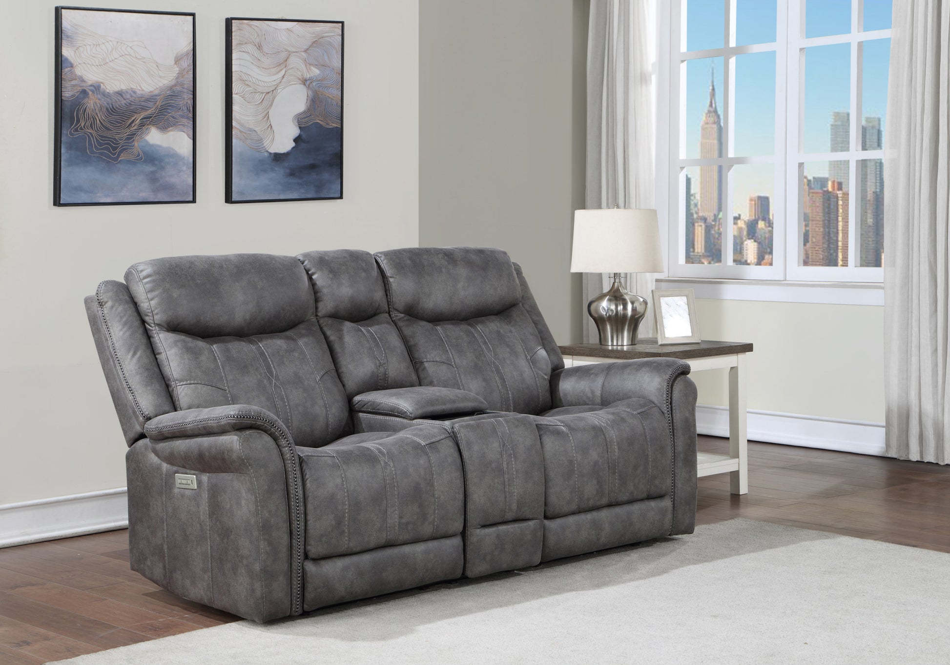 Transitional Console Loveseat Gray Faux Suede, Power Footrest, Power Headrest Concealed Cupholders, Built In Console Comfortable And Durable Design Dark Grey Fabric