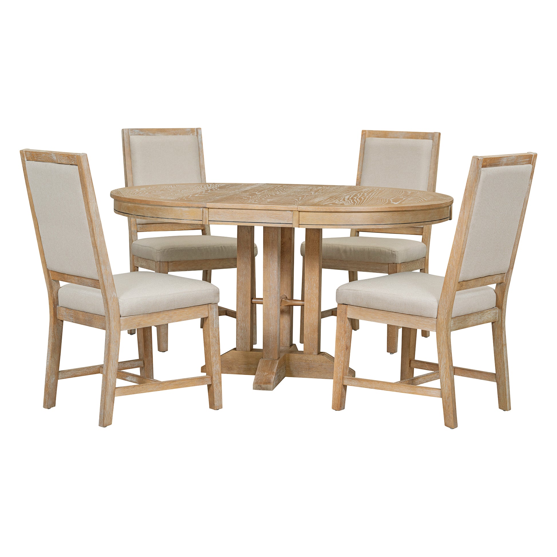 5 Piece Dining Set Extendable Round Table And 4 Upholstered Chairs Farmhouse Dining Set For Kitchen, Dining Room Natural Wood Wash Natural Wood Wash Solid Wood Mdf