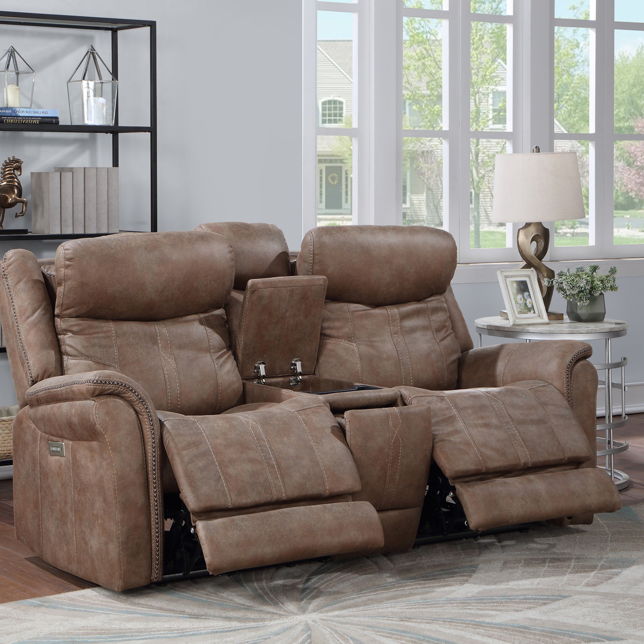 Transitional Console Loveseat Warm Camel Faux Suede, Power Footrest, Power Headrest Concealed Cupholders, Built In Console Camel Foam Fabric