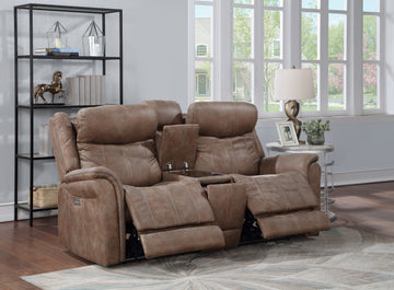 Transitional Console Loveseat Warm Camel Faux Suede, Power Footrest, Power Headrest Concealed Cupholders, Built In Console Camel Foam Fabric