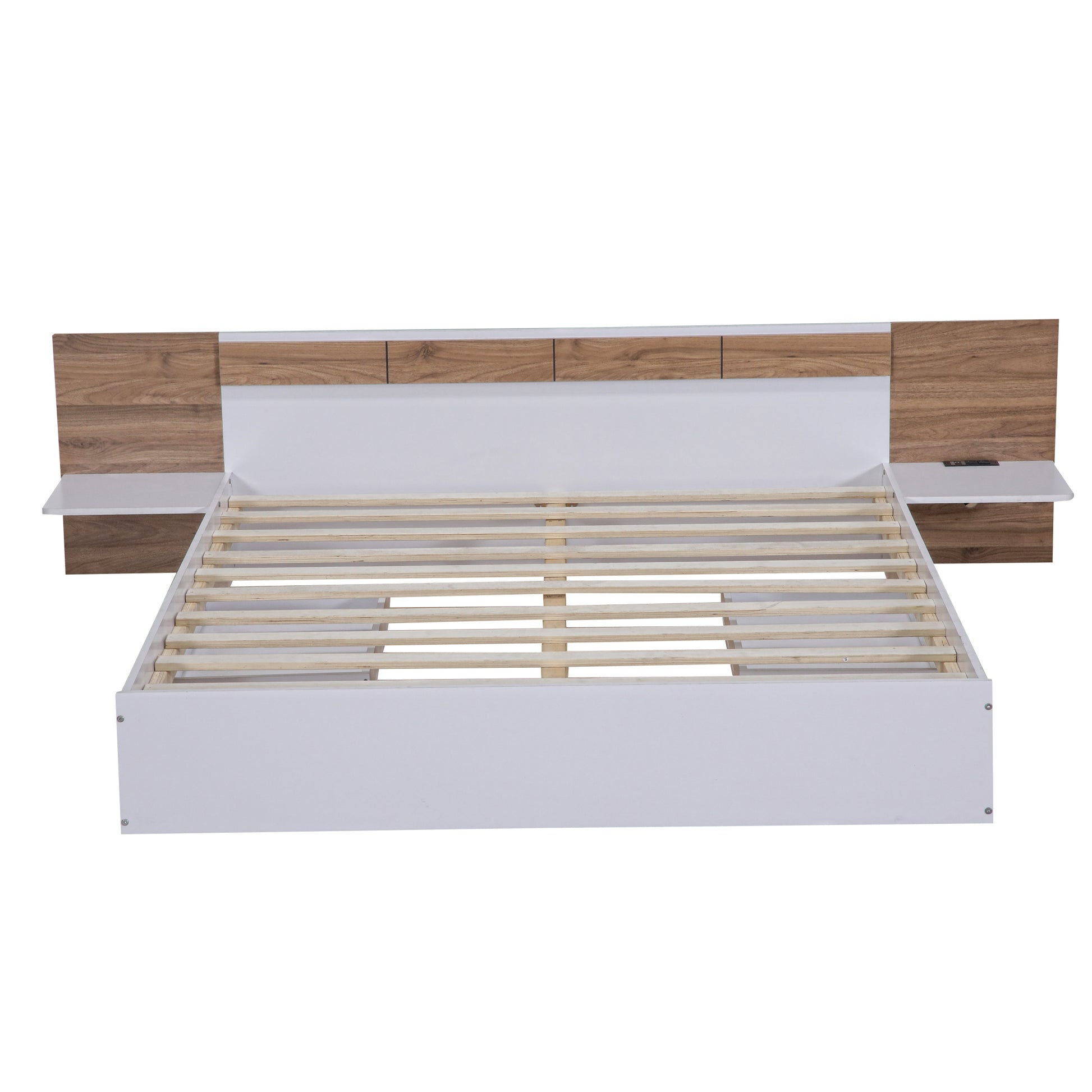 Queen Size Platform Bed With Headboard, Drawers, Shelves, Usb Ports And Sockets, White White Wood