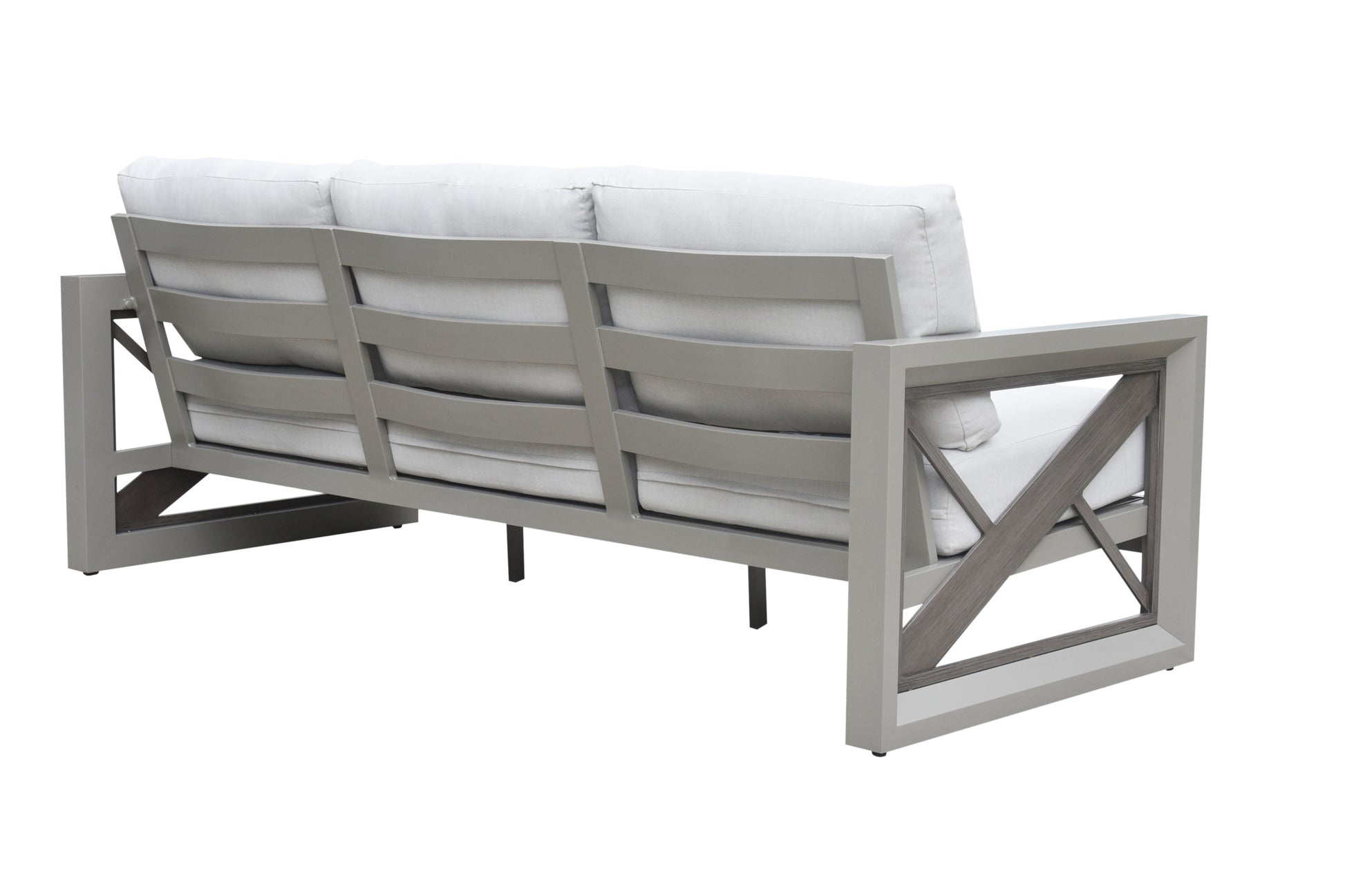 Outdoor Showcase: Contemporary Patio Sofa Beveled End Panels, Geometric Pattern Rust Resistant Aluminum Frames, Solution Dyed Acrylics Grey Aluminium