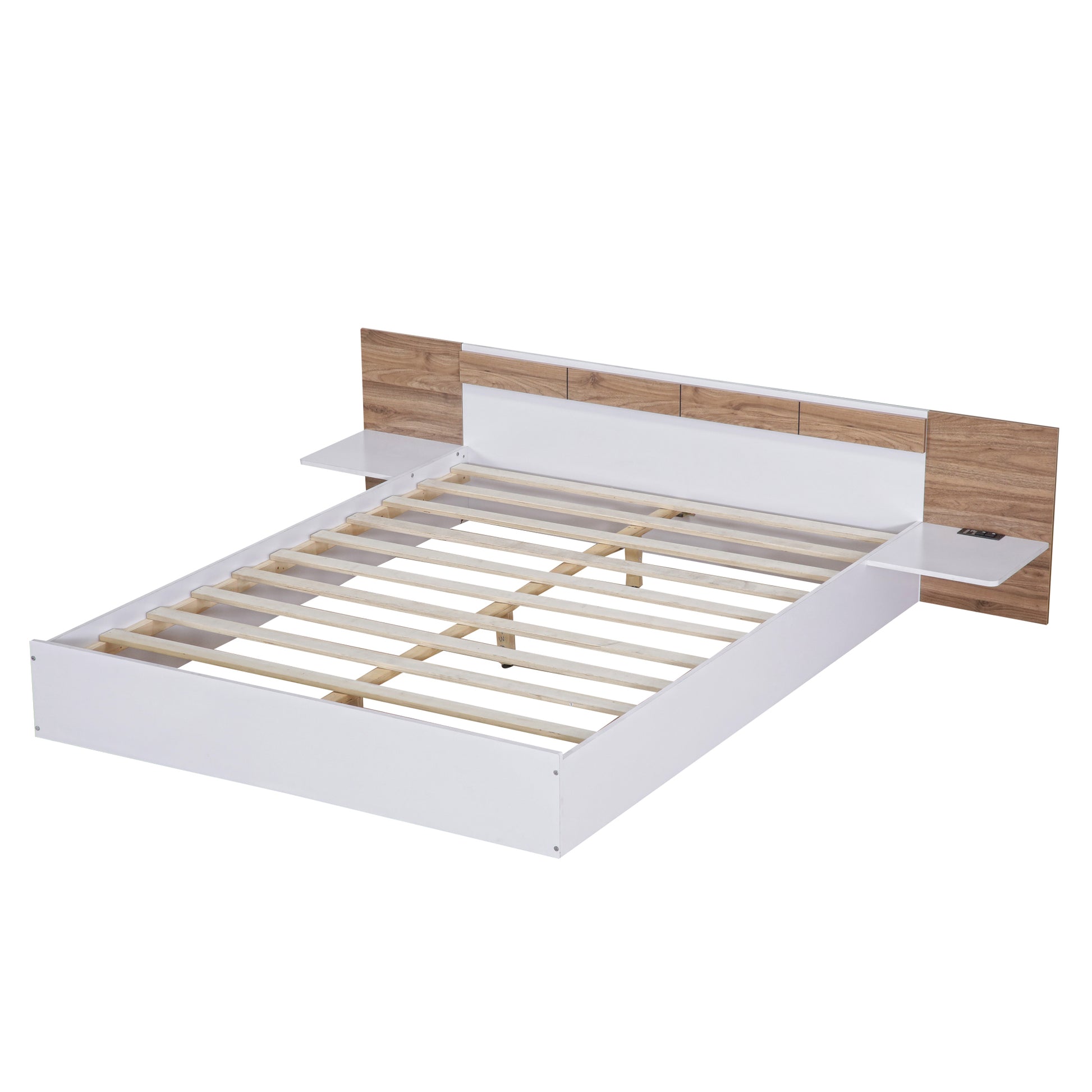 Queen Size Platform Bed With Headboard, Shelves, Usb Ports And Sockets, White White Wood