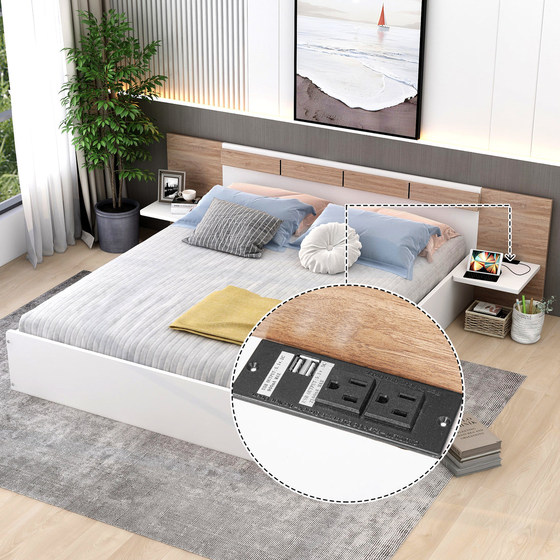 Queen Size Platform Bed With Headboard, Shelves, Usb Ports And Sockets, White White Wood