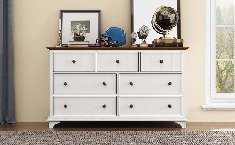 Wooden Captain Seven Drawer Dresser For Bedroom, Living Room, Kids' Room, White Walnut White Walnut Wood