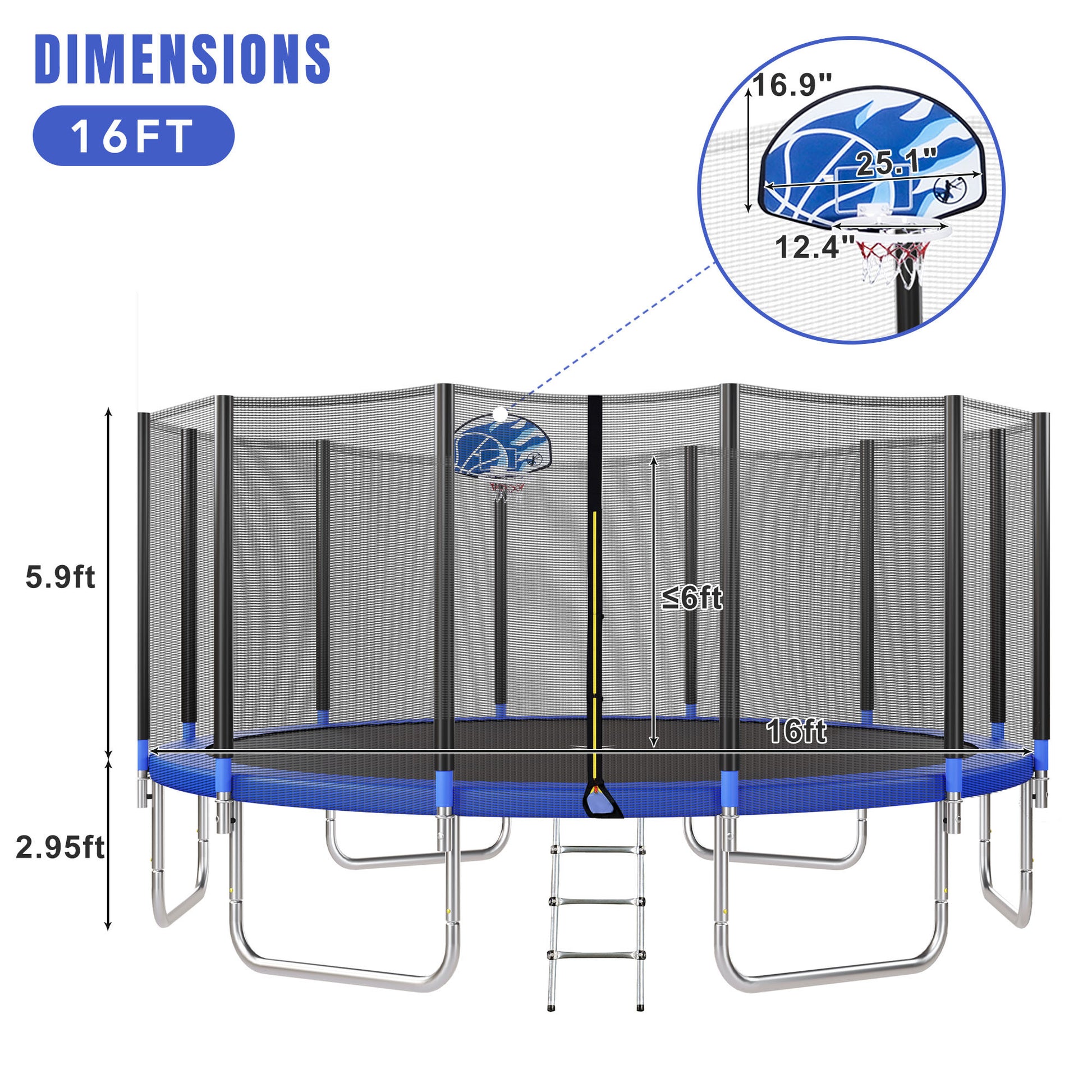 16Ft Trampoline For Kids With Safety Enclosure Net, Basketball Hoop And Ladder, Easy Assembly Round Outdoor Recreational Trampoline Blue Metal