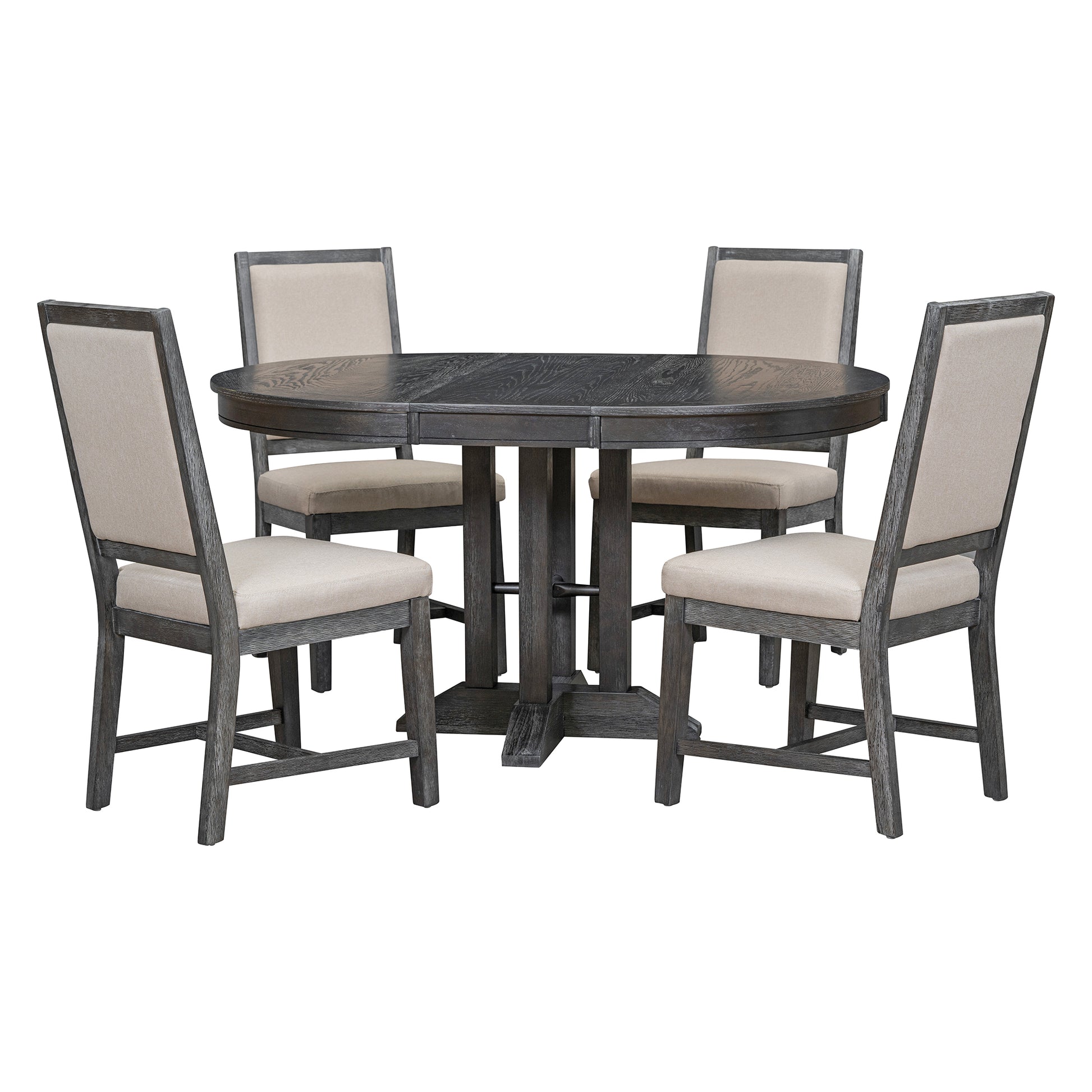 5 Piece Dining Set Extendable Round Table And 4 Upholstered Chairs Farmhouse Dining Set For Kitchen, Dining Room Black Black Solid Wood Mdf