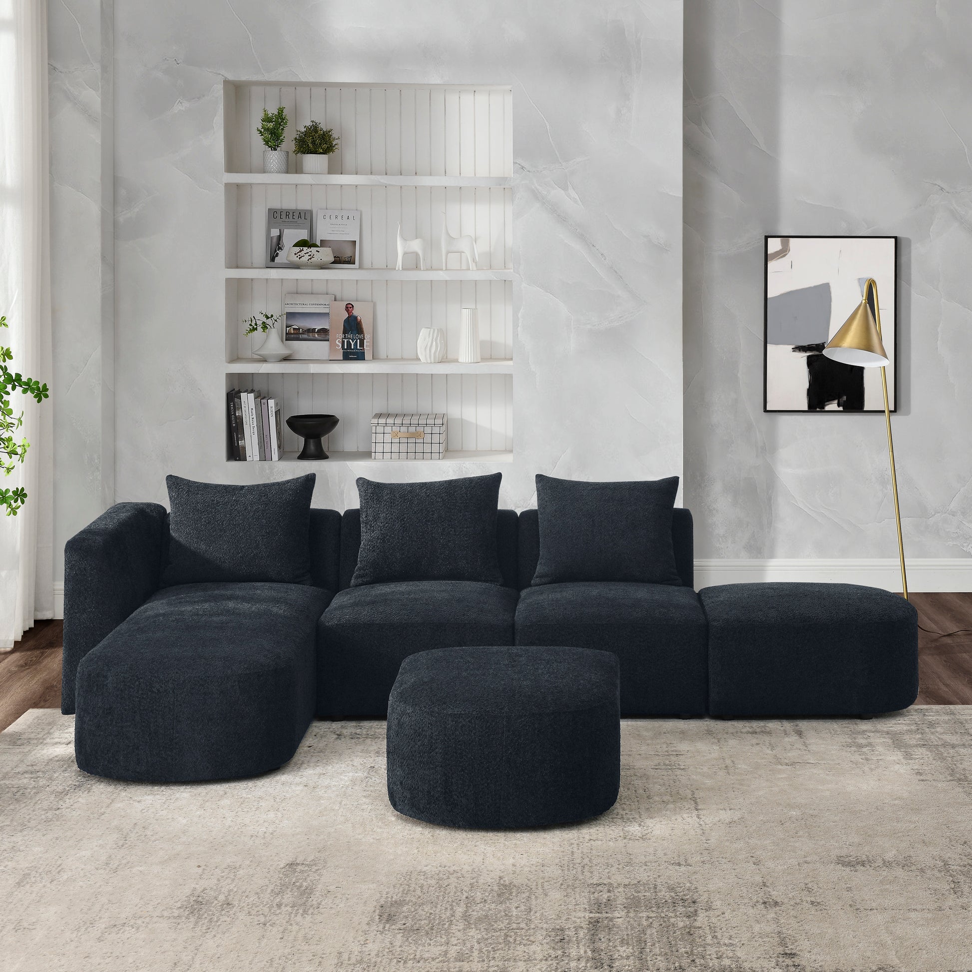 L Shape Sectional Sofa Including Two Single Seats, Left Side Chaise And Two Ottomans, Modular Sofa, Diy Combination, Loop Yarn Fabric, Black Black Polyester Wood Medium Soft Tight Back Eucalyptus Square Arms Polyester 5 Seat