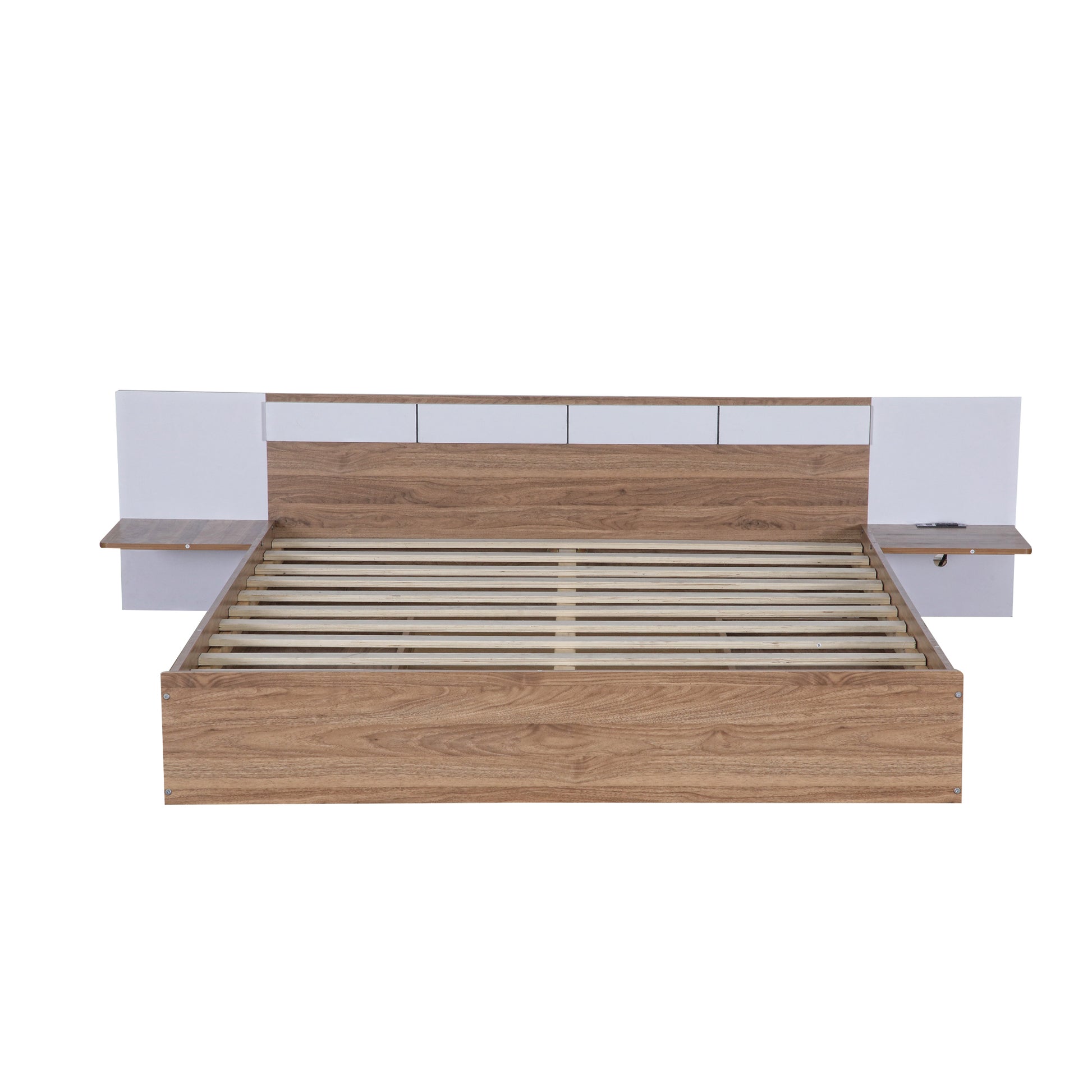 Queen Size Platform Bed With Headboard, Drawers, Shelves, Usb Ports And Sockets, Natural Natural Wood