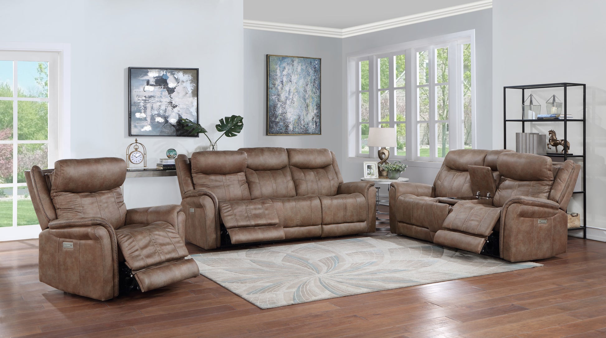 Transitional Console Loveseat Warm Camel Faux Suede, Power Footrest, Power Headrest Concealed Cupholders, Built In Console Camel Foam Fabric