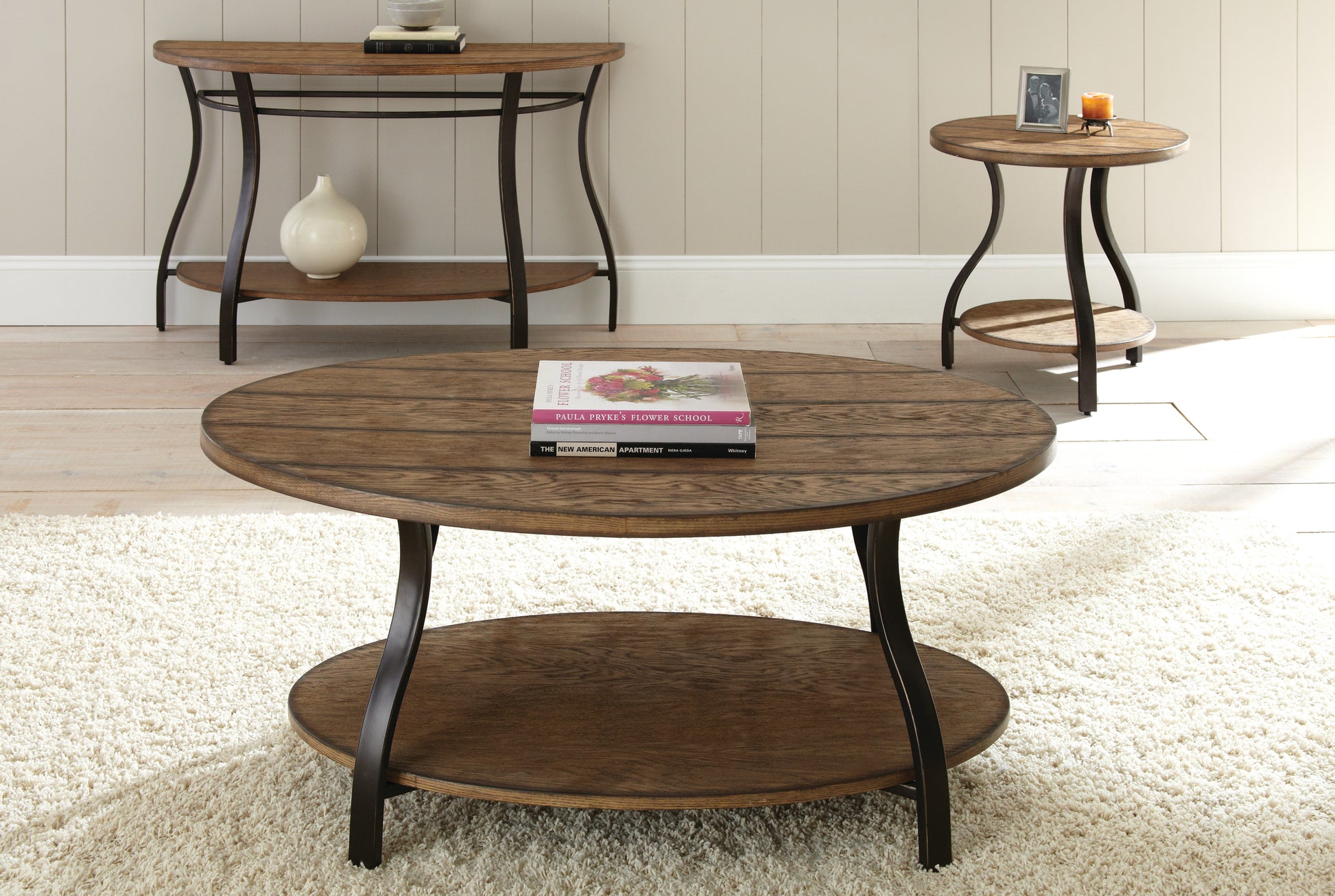 Modern Curves Sofa Table Barn Board Look Wood Top, Oak Finish Charming Addition To Your Living Room Oak Metal