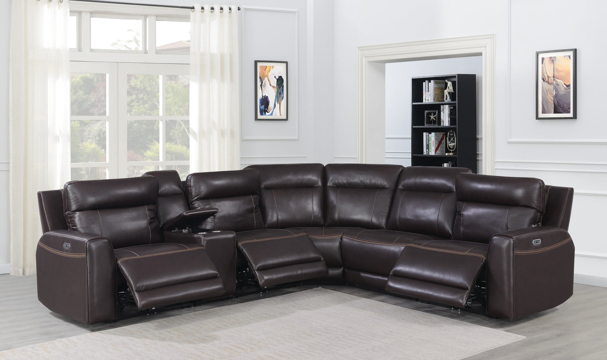 Customizable Dual Power Leather Sectional Top Grain Leather, Power Headrest, Power Footrest Transitional Styling, Perfect Fit Burgundy Foam Leather