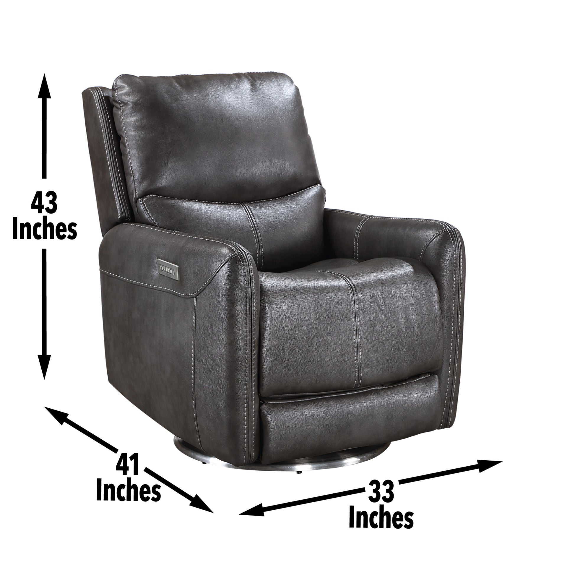 Elegant Triple Power 360 Swivel Recliner Pencil Arms, Power Footrest, Power Headrest, Power Lumbar Swivel Design, Charcoal Faux Leather Charcoal Grey Foam Fabric