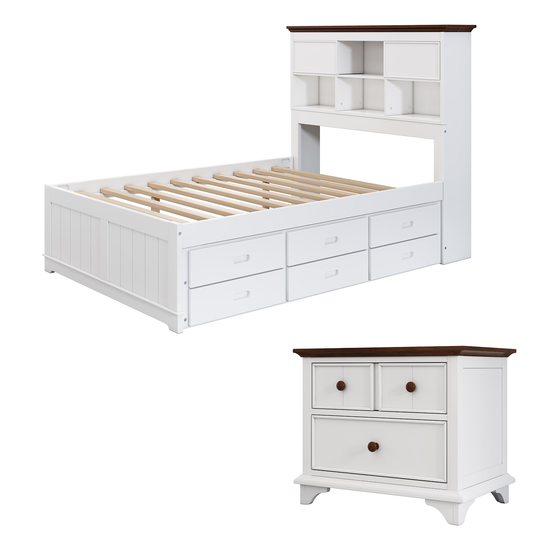 2 Pieces Wooden Captain Bedroom Set Full Bed With Trundle And Nightstand,White Walnut White Walnut Wood