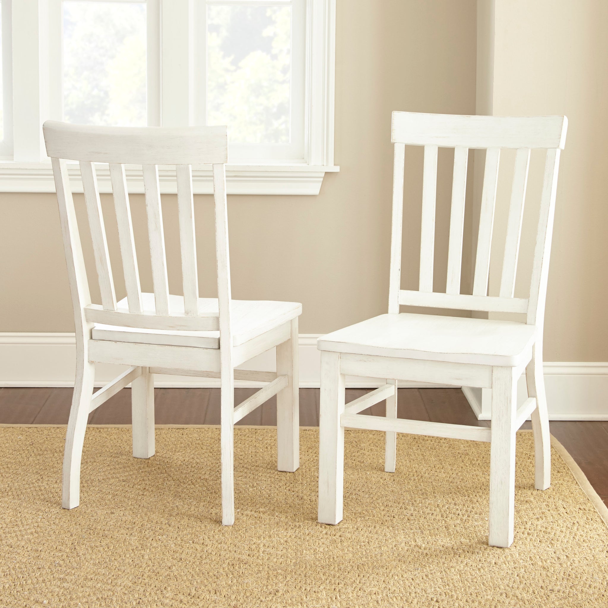 Modern Farmhouse Side Chairs Distressed Antique White, Vertical Slat Back, Scooped Seats, Sturdy Design, Set Of 2 Chairs Ivory Foam Solid Wood Mdf