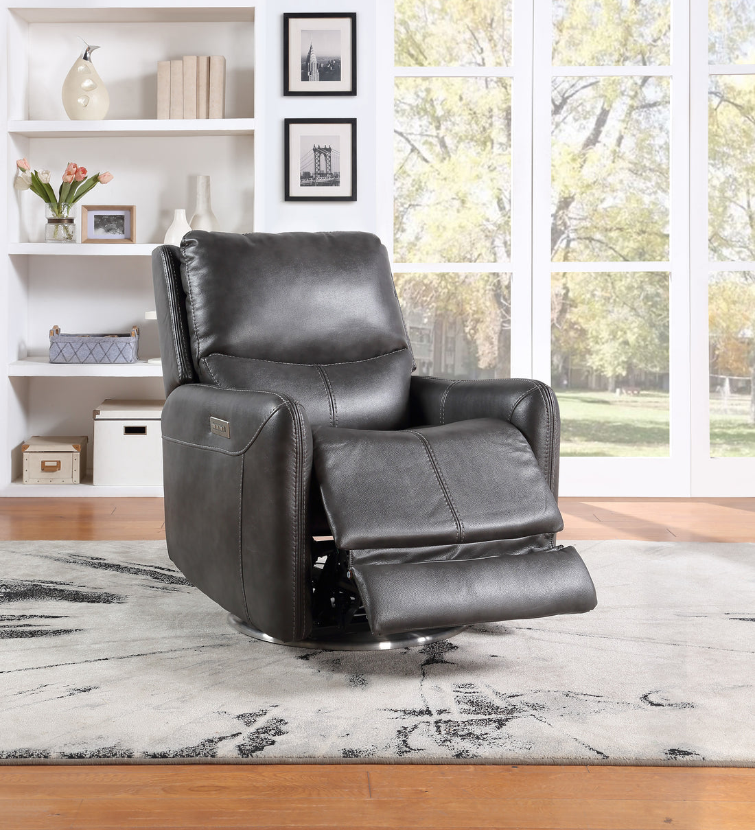 Elegant Triple Power 360 Swivel Recliner Pencil Arms, Power Footrest, Power Headrest, Power Lumbar Swivel Design, Charcoal Faux Leather Charcoal Grey Foam Fabric