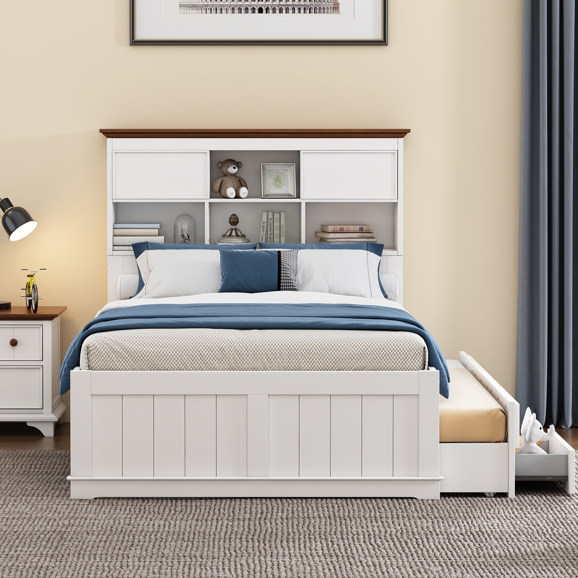 Solid Pine Captain Bookcase Bed With Trundle Bed And 3 Spacious Under Bed Drawers In Casual,Full, White Walnut White Walnut Wood