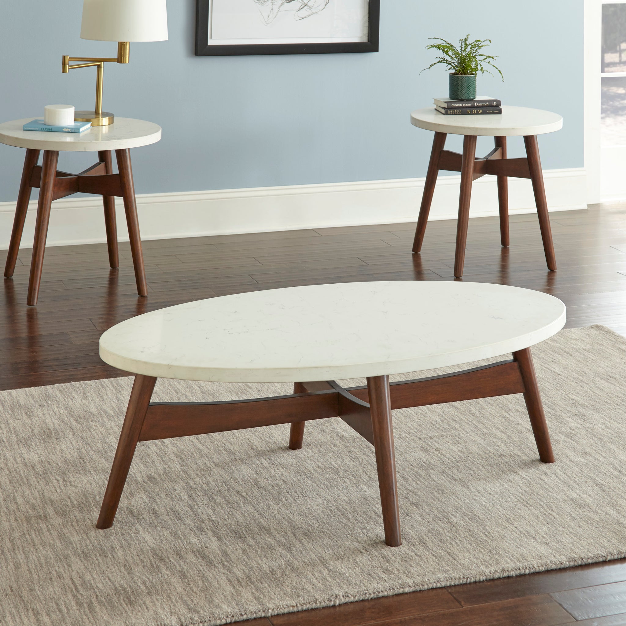 Mid Century Modern Cocktail Table Natural Cherry Legs, White Silverstone Tops Contemporary Simplicity With Classic Design Cherry Solid Wood Mdf