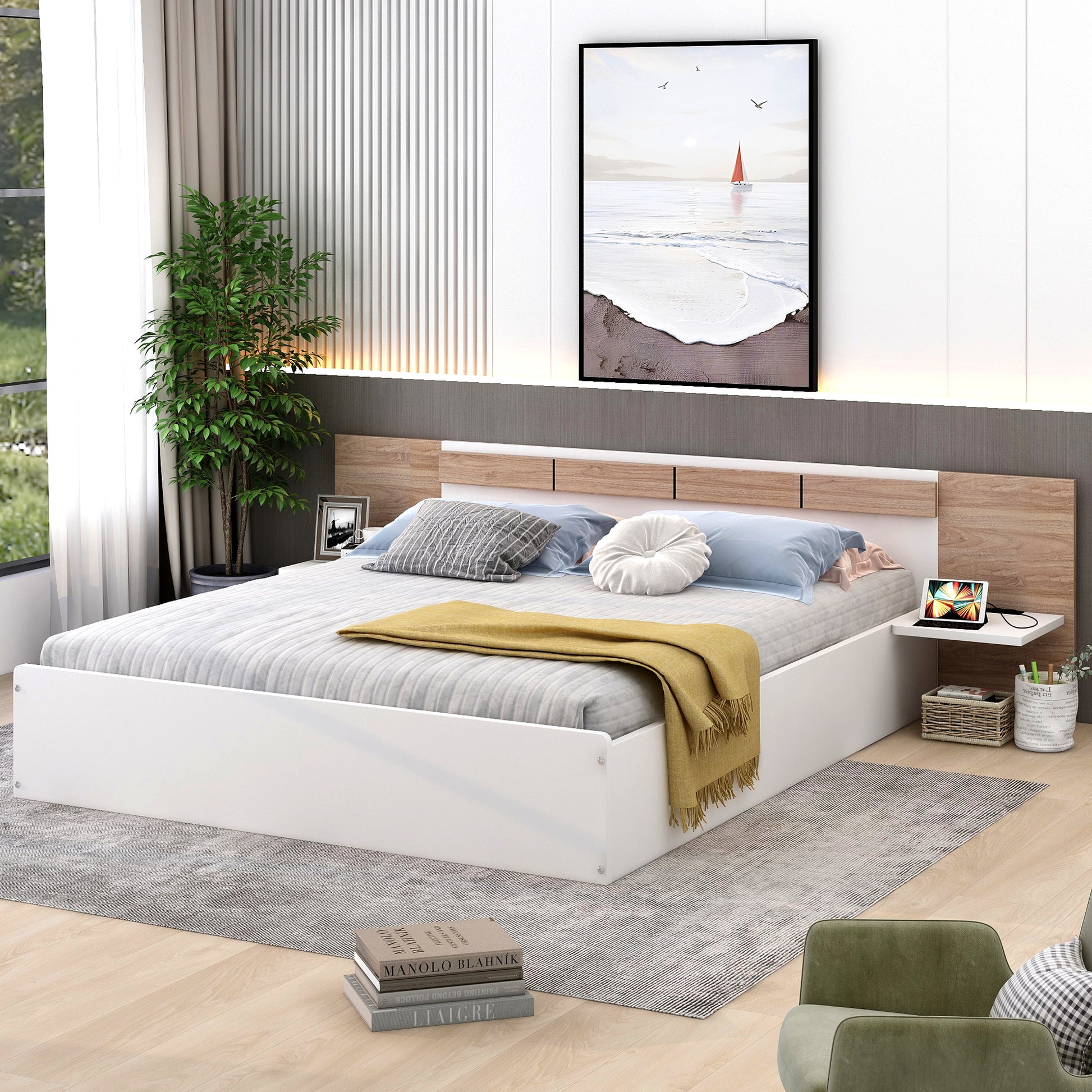 Queen Size Platform Bed With Headboard, Shelves, Usb Ports And Sockets, White White Wood