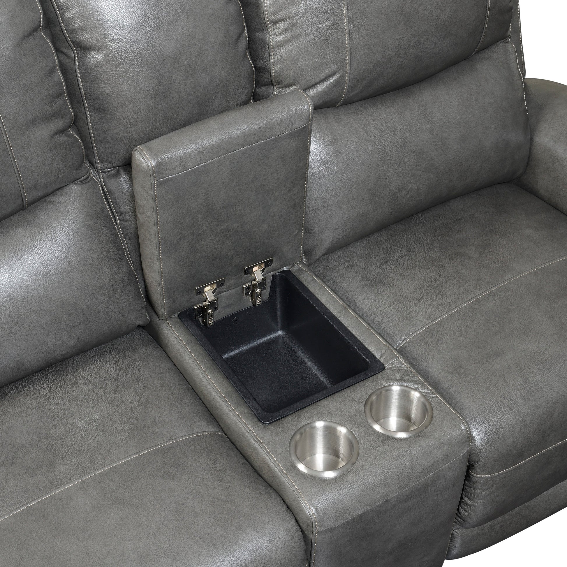 Leather Power Reclining Loveseat With Console Contemporary Style, Dual Reclining Seats Usb Charging, Hidden Storage Grey Foam Leather