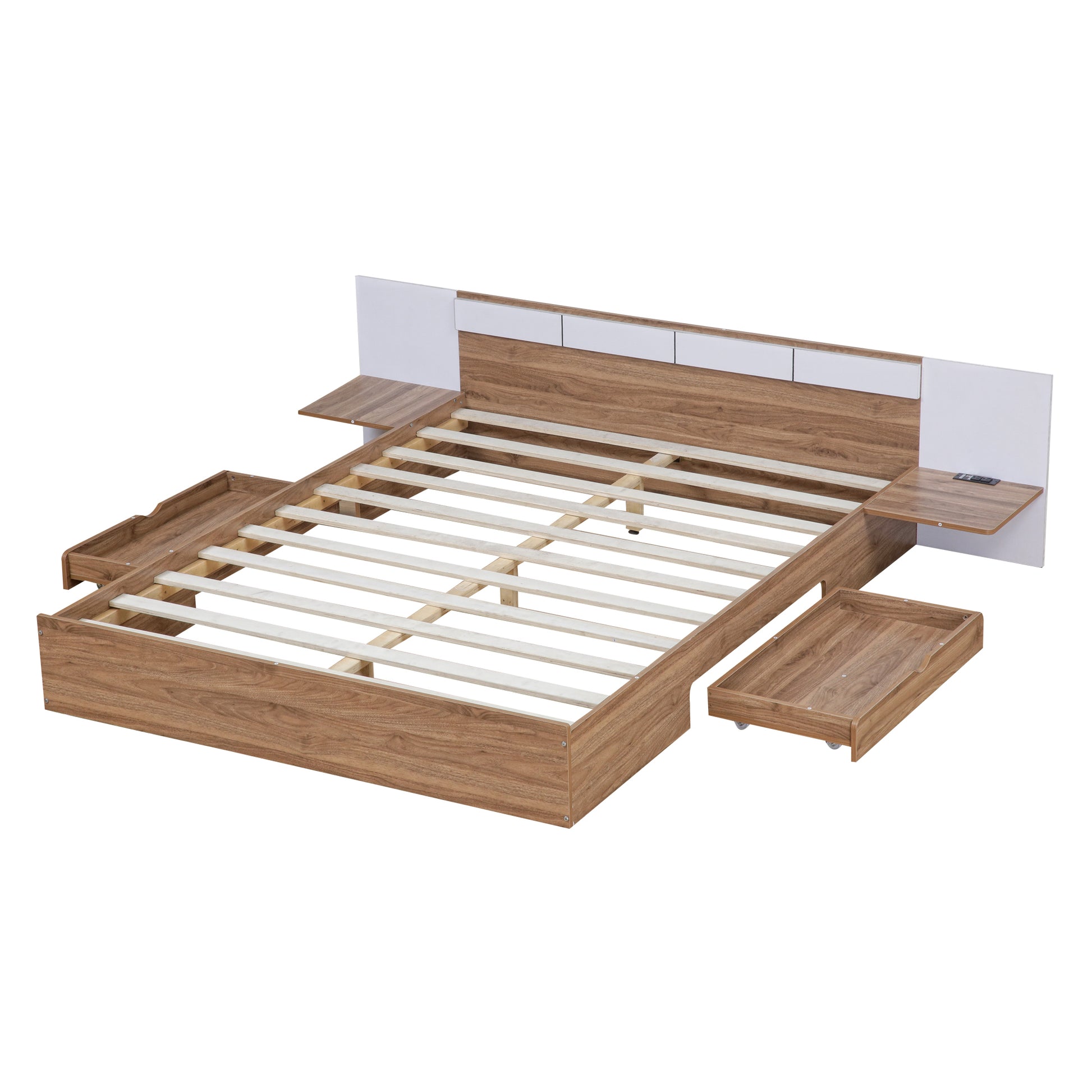 Queen Size Platform Bed With Headboard, Drawers, Shelves, Usb Ports And Sockets, Natural Natural Wood