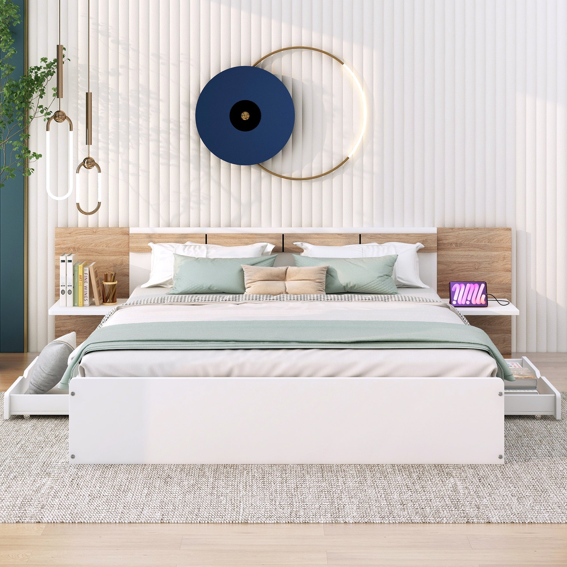 Queen Size Platform Bed With Headboard, Drawers, Shelves, Usb Ports And Sockets, White White Wood