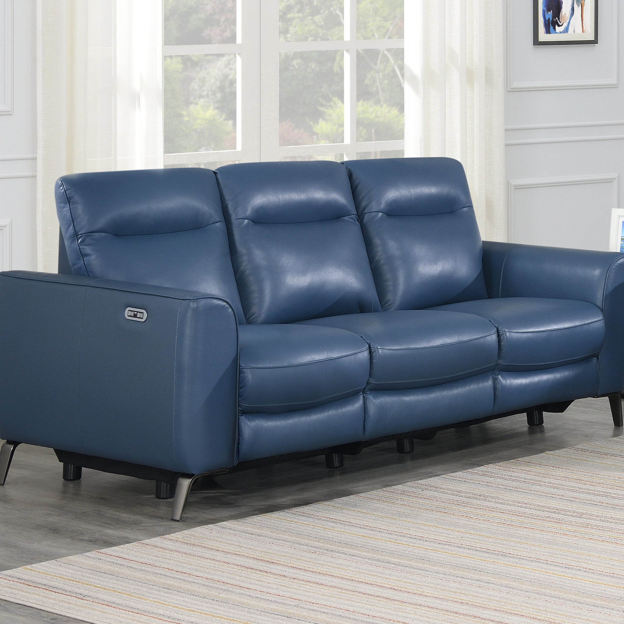 Leather Reclining Sofa Motion Furniture Look Without Compromise Dual Power, Ocean Blue Top Grain Leather Dark Blue Foam Leather 3 Seat