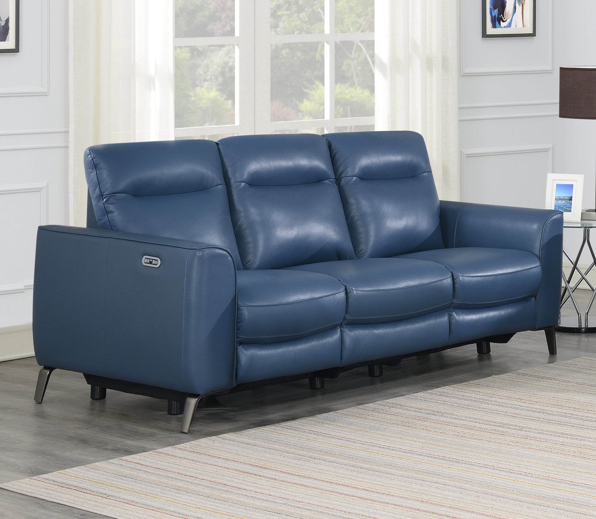 Leather Reclining Sofa Motion Furniture Look Without Compromise Dual Power, Ocean Blue Top Grain Leather Dark Blue Foam Leather 3 Seat