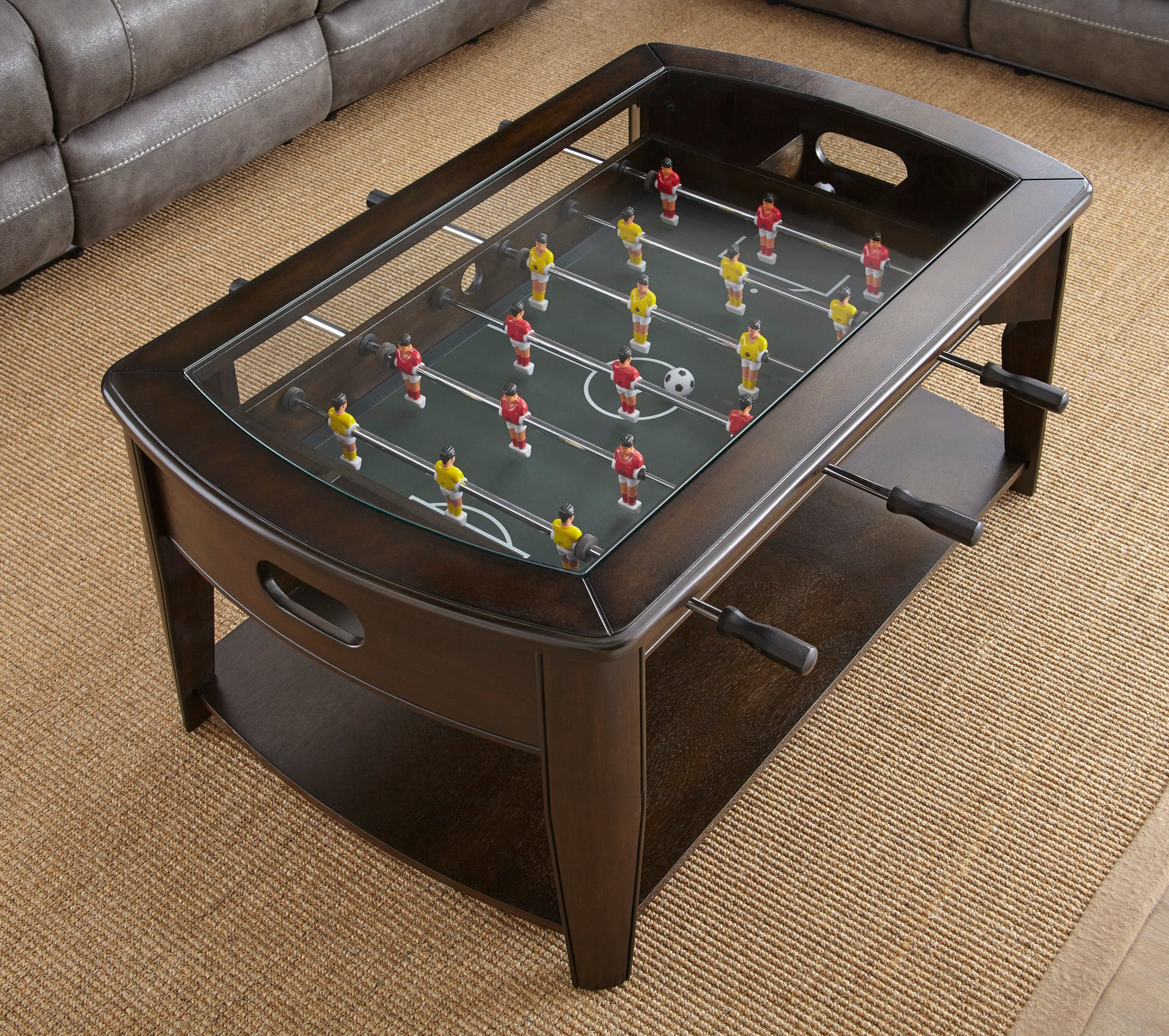 Foosball Cocktail Table Tempered Glass Insert, Locking Casters, Fully Operational Game Fun Addition To Game Or Living Room Cherry Solid Wood Mdf