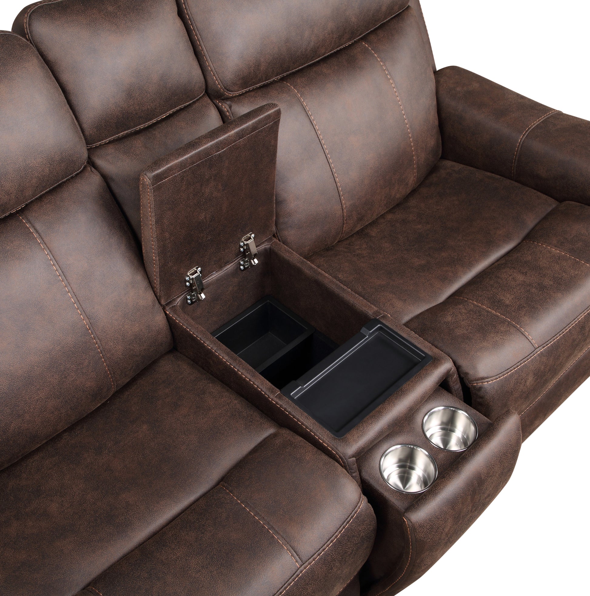 Tailored Power Console Loveseat Nubuck Likepower Headrest, Power Footrest Contemporary Silhouette, Hidden Storage, Usb Charging Brown Foam Fabric