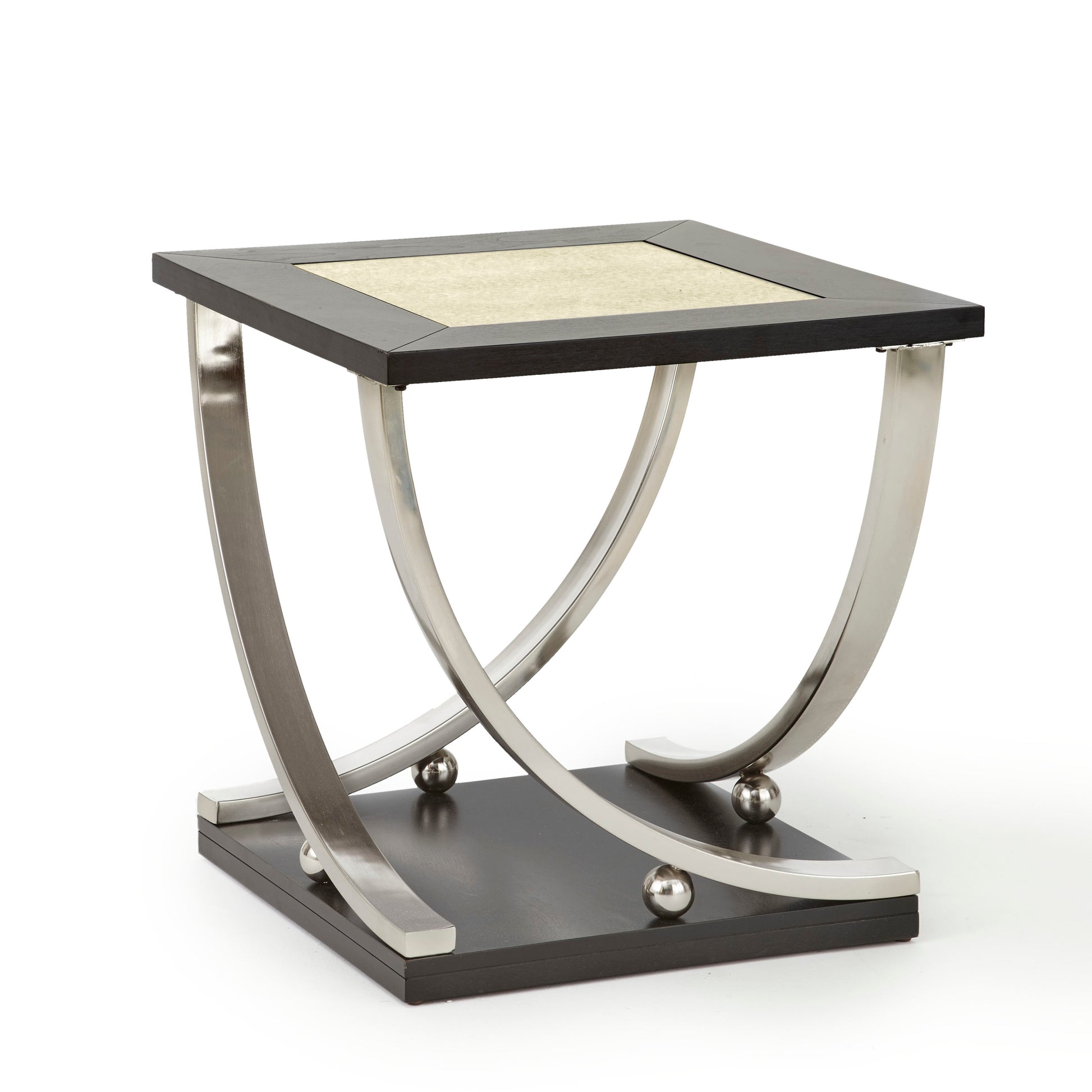 Transitional Style Statement End Table Dramatic Stainless Steel Legs, Antiqued Mirror Top Insert Classic With A Modern Twist Ebony Solid Wood Mdf