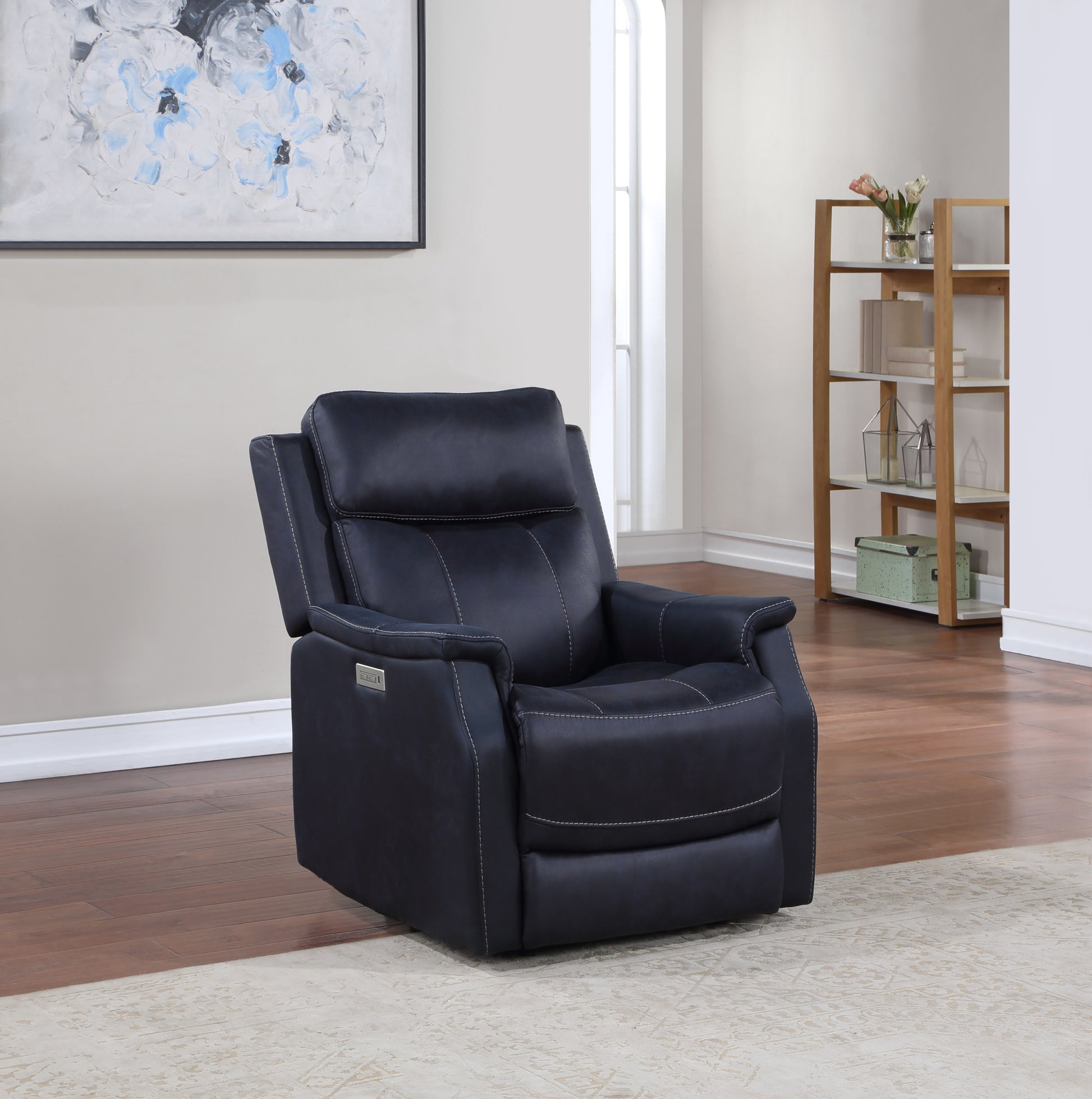 Clean Contemporary Dual Power Recliner Ocean Bluepower Footrest, Power Headrest Easy Care And Convenience Dark Blue Foam Fabric