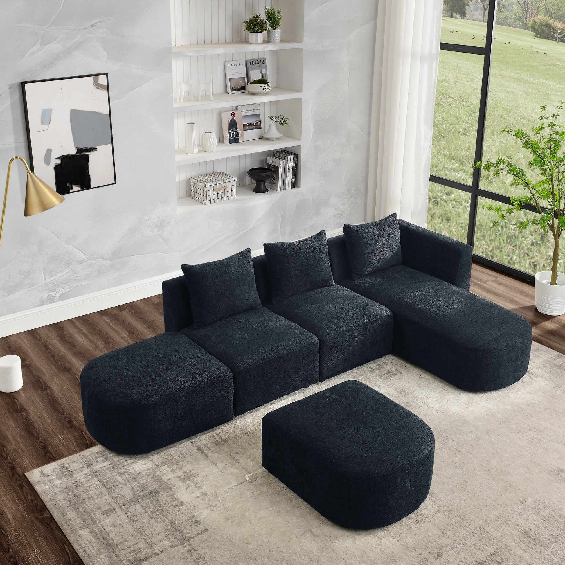 L Shape Sectional Sofa With Right Side Chaise And Ottoman, Modular Sofa, Diy Combination, Loop Yarn Fabric, Black Black Polyester Wood Tight Back Eucalyptus Square Arms Polyester 5 Seat