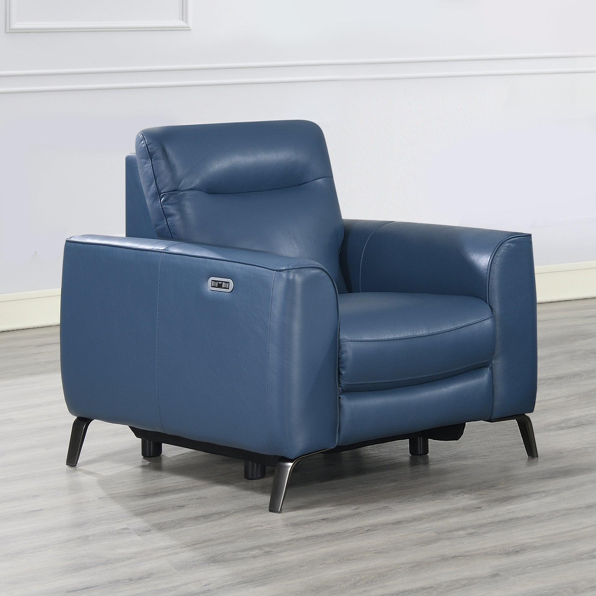 Fashionable Ocean Blue Leather Reclining Chair Dual Power Mechanism, High Leg Style Stylish Comfort Package Dark Blue Foam Leather