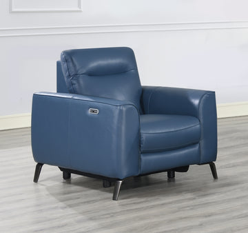 Fashionable Ocean Blue Leather Reclining Chair Dual Power Mechanism, High Leg Style Stylish Comfort Package Dark Blue Foam Leather