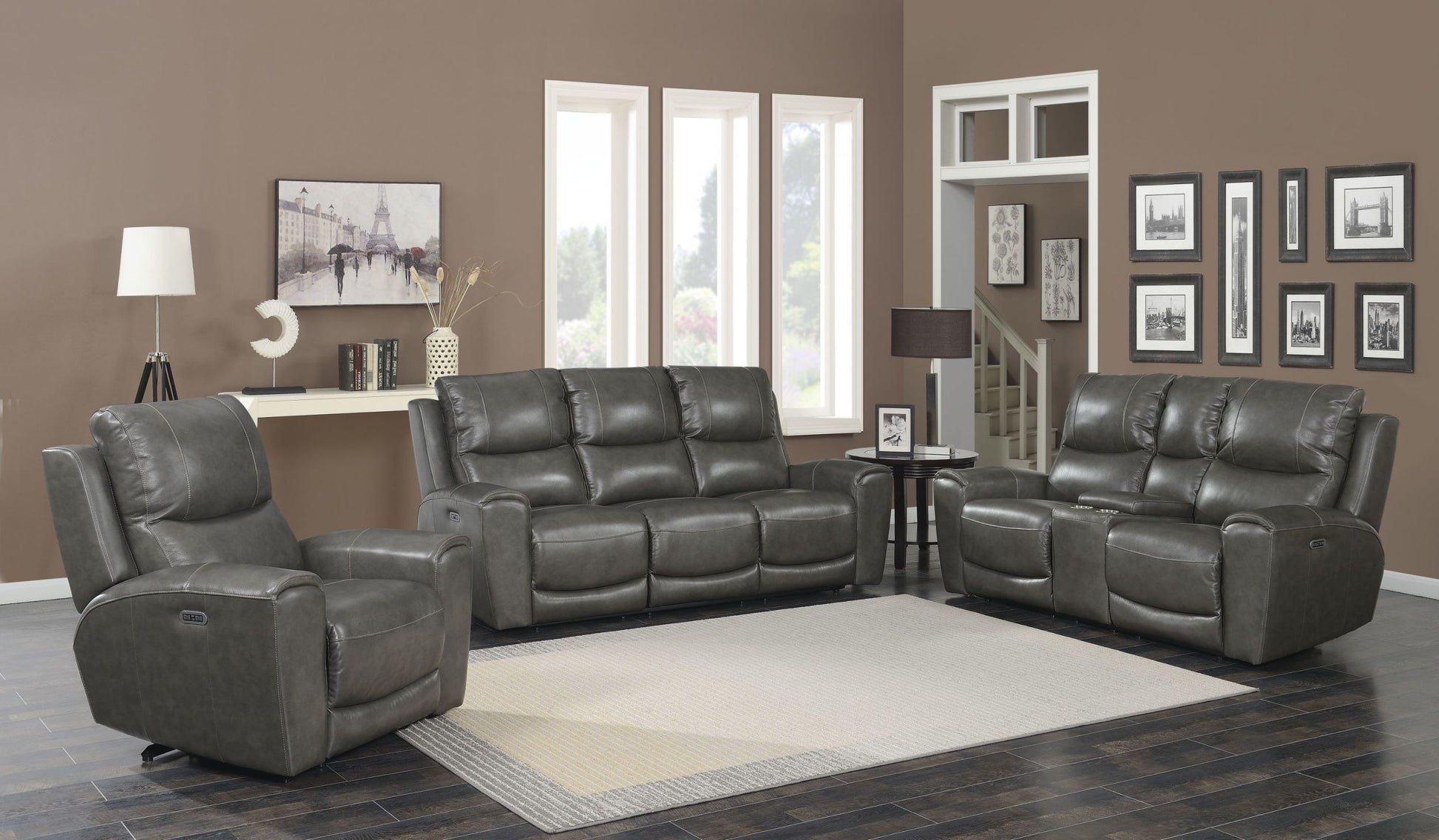 Leather Collection: Contemporary Style, Power Recliners, Usb Charging, Grey Sofa & Loveseat With Dual Reclining Seats And Hidden Storage Grey Foam Leather 3 Seat