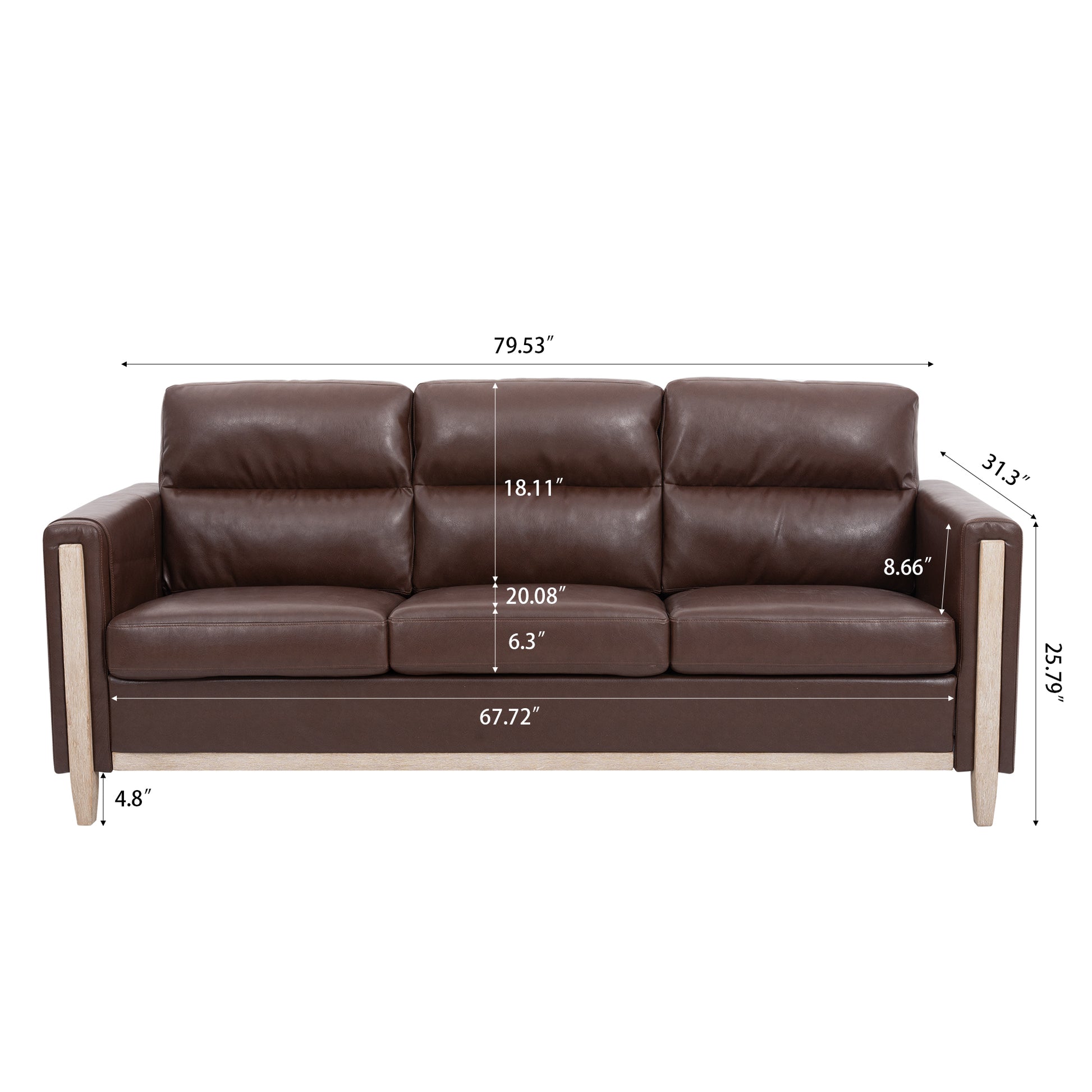 Comfortable Solid Wood Three Seater Sofa Soft Cushions, Durable And Long Lasting,79.5" Sofa Couch For Living Room Brown Pu Pu