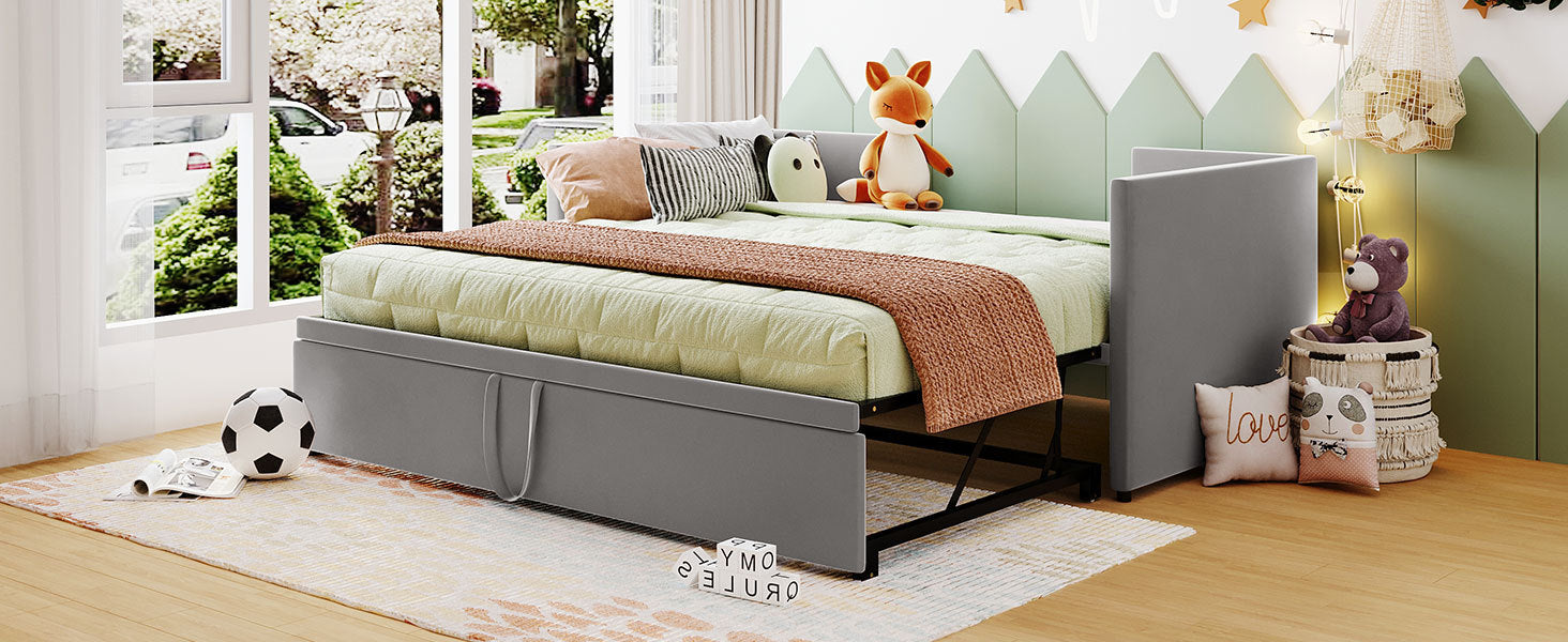 Twin Size Upholstered Daybed With Pop Up Trundle, Gray Twin Gray Upholstered