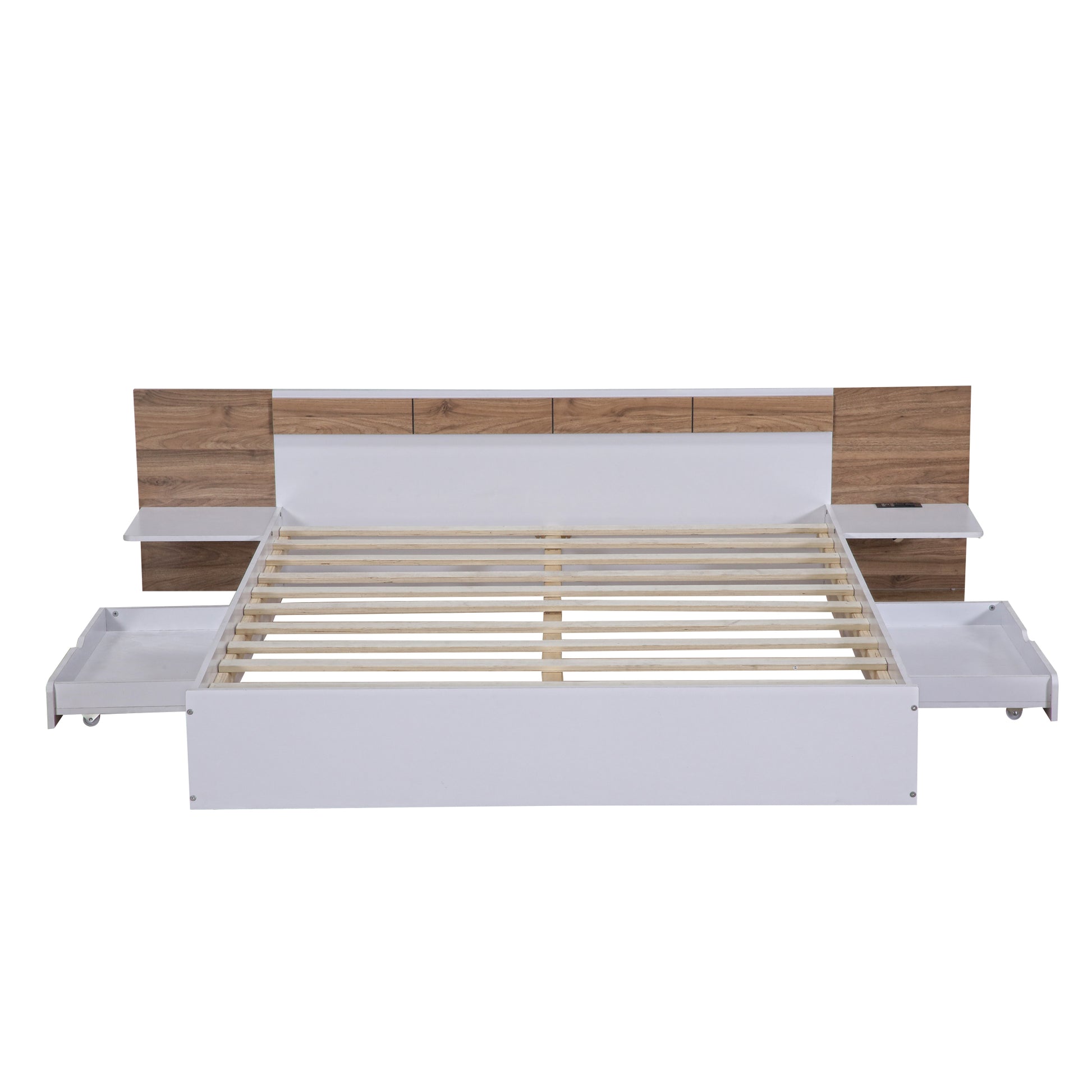 Queen Size Platform Bed With Headboard, Drawers, Shelves, Usb Ports And Sockets, White White Wood