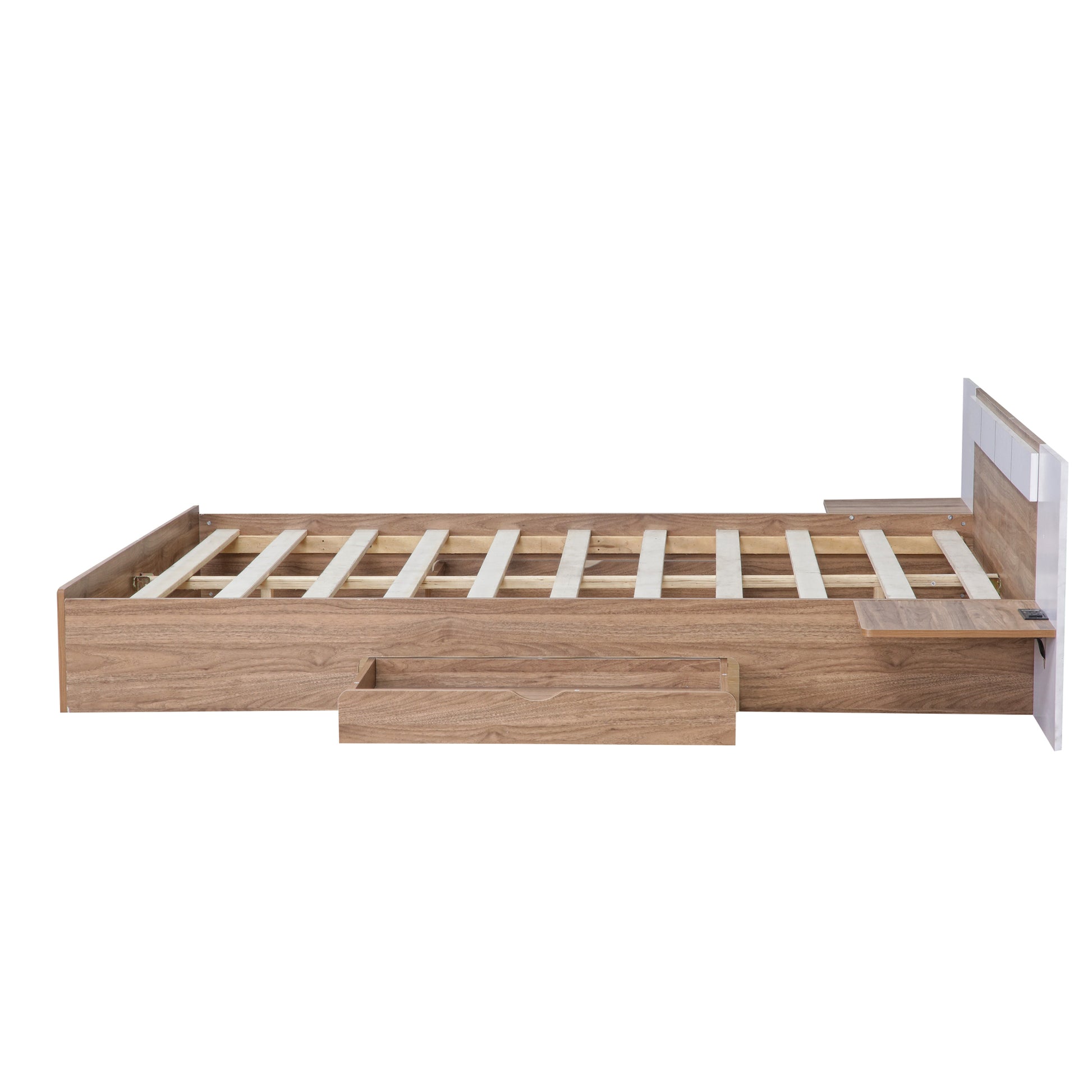 Queen Size Platform Bed With Headboard, Drawers, Shelves, Usb Ports And Sockets, Natural Natural Wood