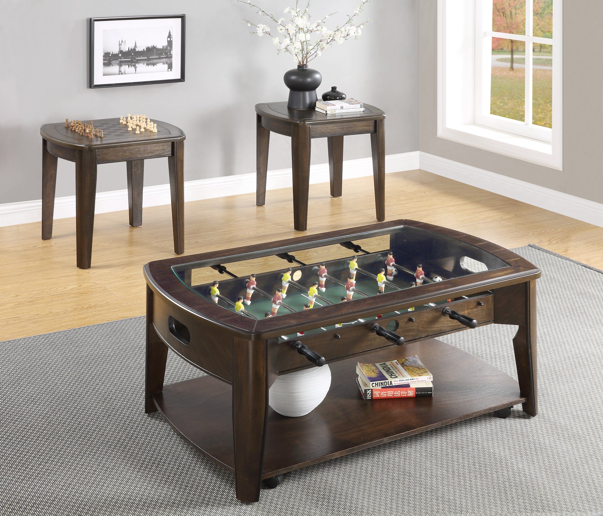 Foosball Cocktail Table Tempered Glass Insert, Locking Casters, Fully Operational Game Fun Addition To Game Or Living Room Cherry Solid Wood Mdf