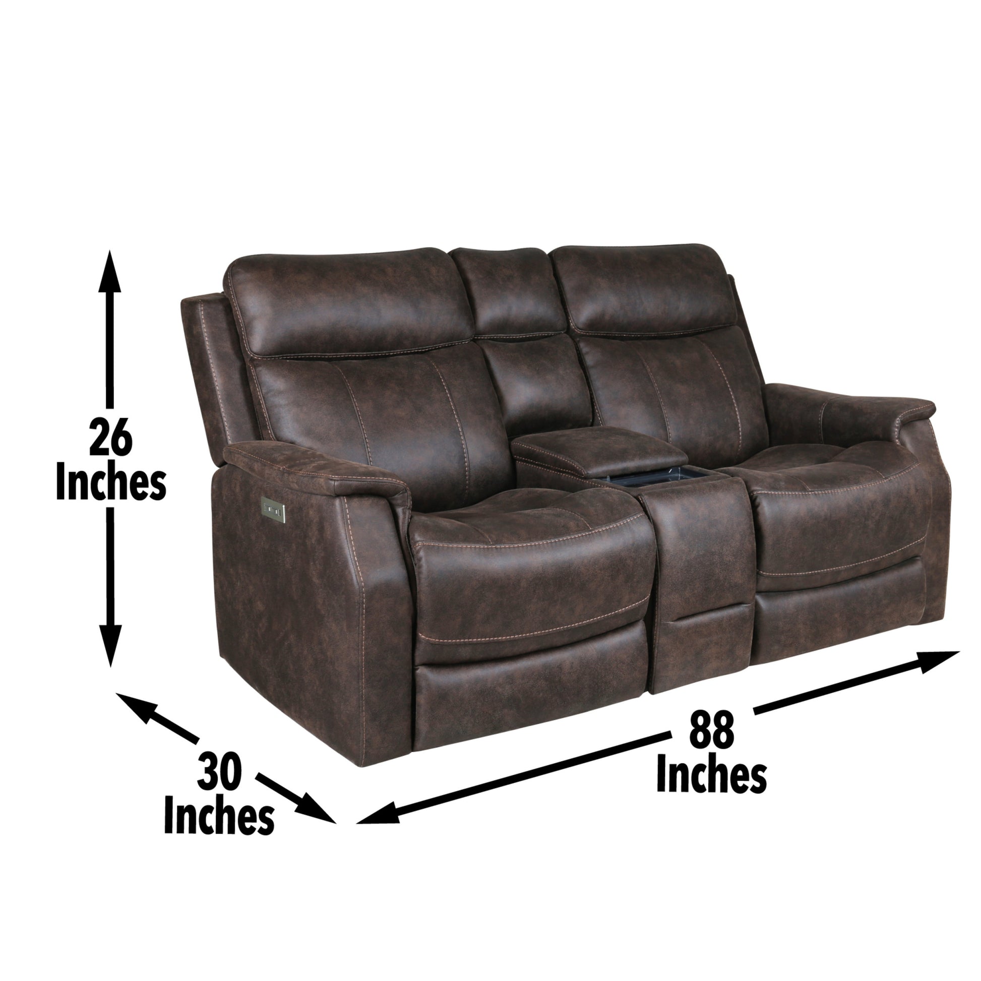 Tailored Power Console Loveseat Nubuck Likepower Headrest, Power Footrest Contemporary Silhouette, Hidden Storage, Usb Charging Brown Foam Fabric