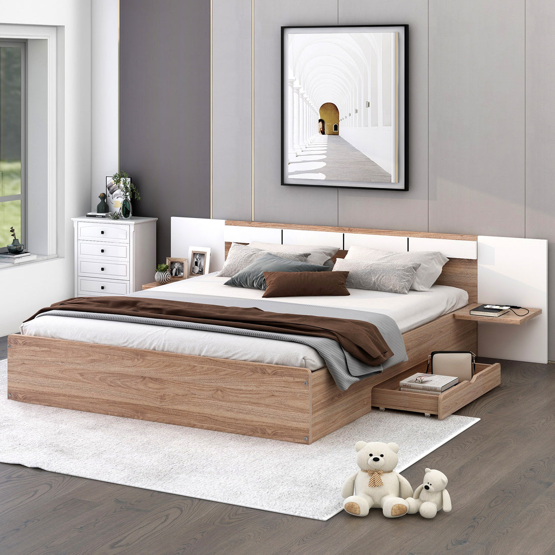 Queen Size Platform Bed With Headboard, Drawers, Shelves, Usb Ports And Sockets, Natural Natural Wood