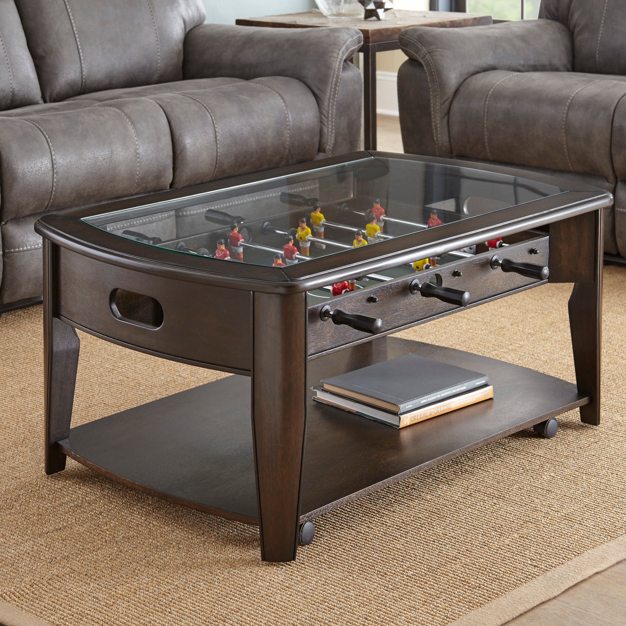 Foosball Cocktail Table Tempered Glass Insert, Locking Casters, Fully Operational Game Fun Addition To Game Or Living Room Cherry Solid Wood Mdf