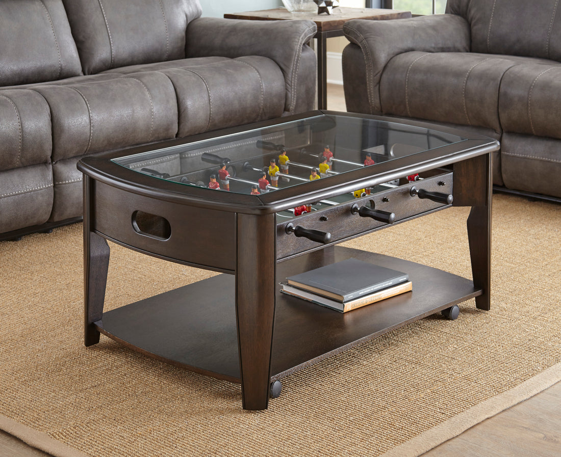 Foosball Cocktail Table Tempered Glass Insert, Locking Casters, Fully Operational Game Fun Addition To Game Or Living Room Cherry Solid Wood Mdf