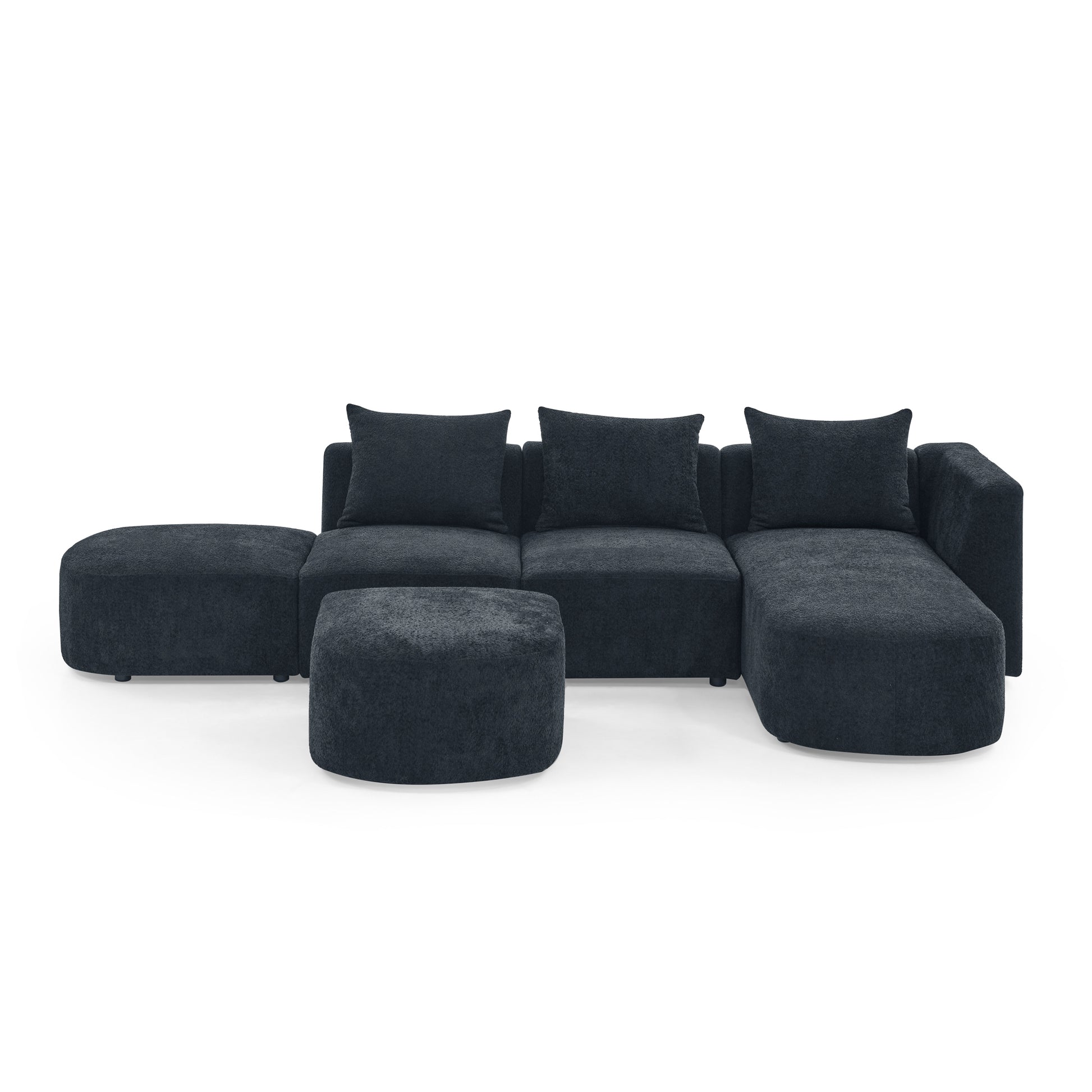 L Shape Sectional Sofa With Right Side Chaise And Ottoman, Modular Sofa, Diy Combination, Loop Yarn Fabric, Black Black Polyester Wood Tight Back Eucalyptus Square Arms Polyester 5 Seat